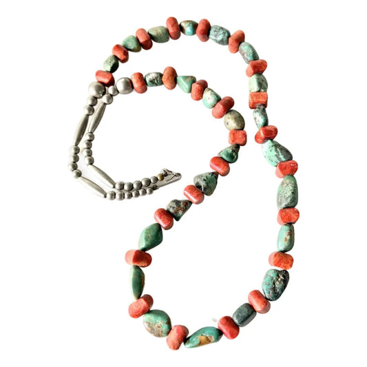 Vintage Native American Turquoise and Coral Beaded Necklace With Sterling Silver Clasp