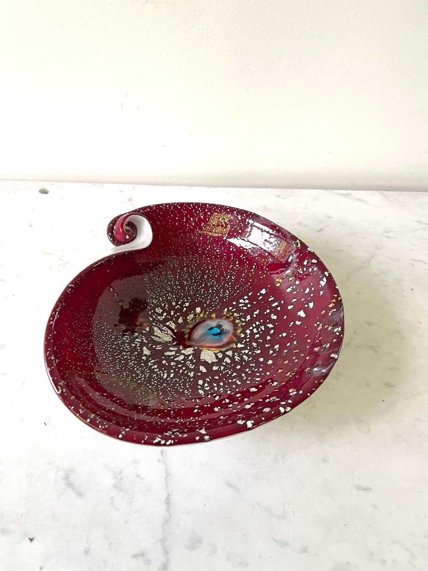 Frattelli Toso Murano Glass Red Bowl with Silver Inclusion