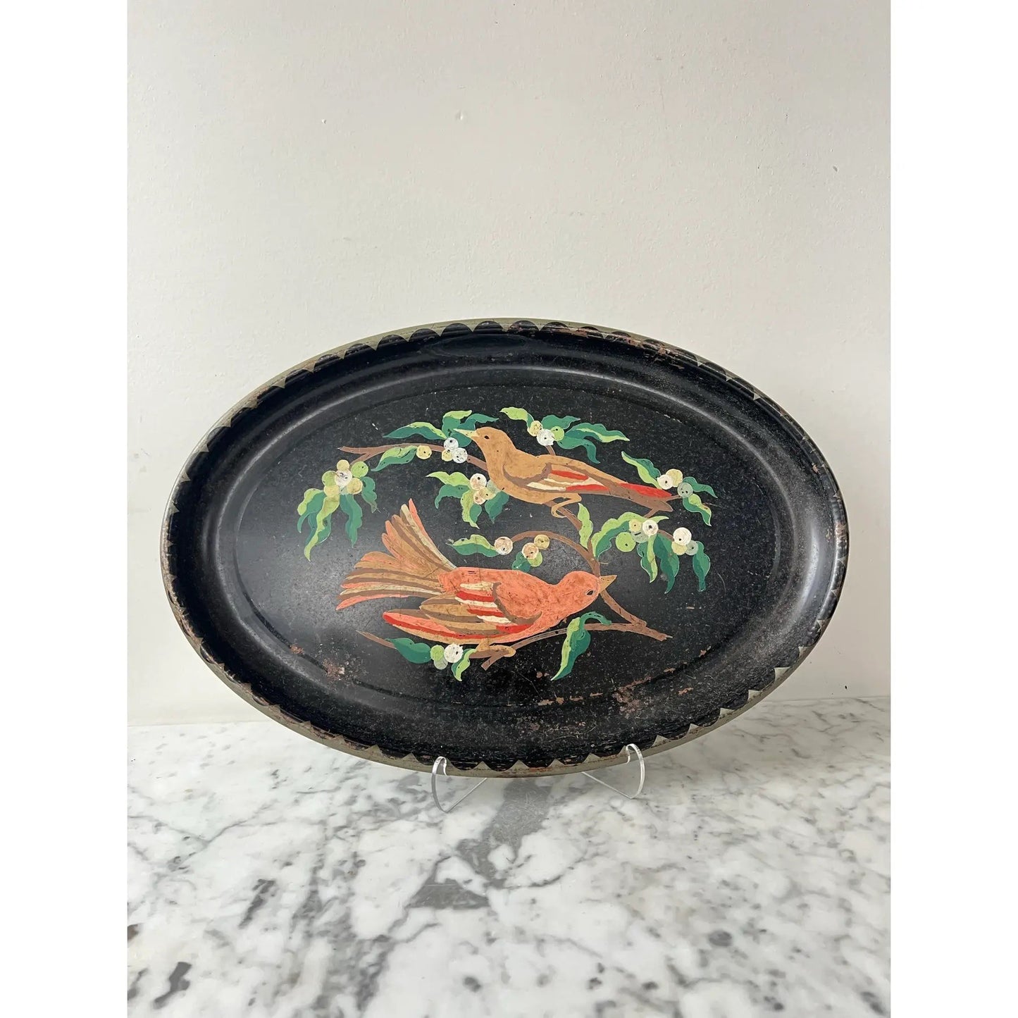 Vintage Hand-Painted Oval Metal Tray With Two Birds and Juniper Berries