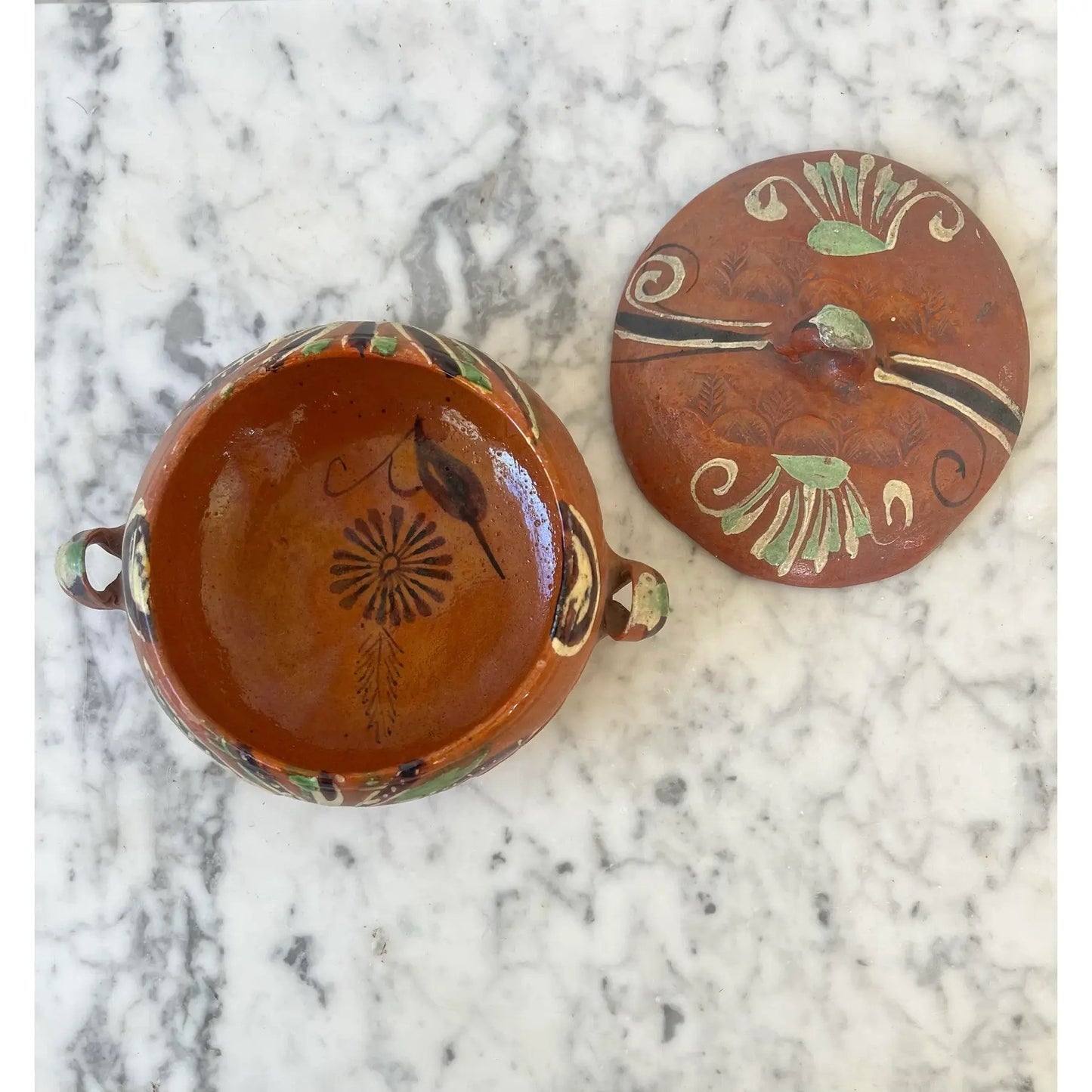 Hand Painted Mexican Terracotta Bowl With Lid Stamped Made in Mexico