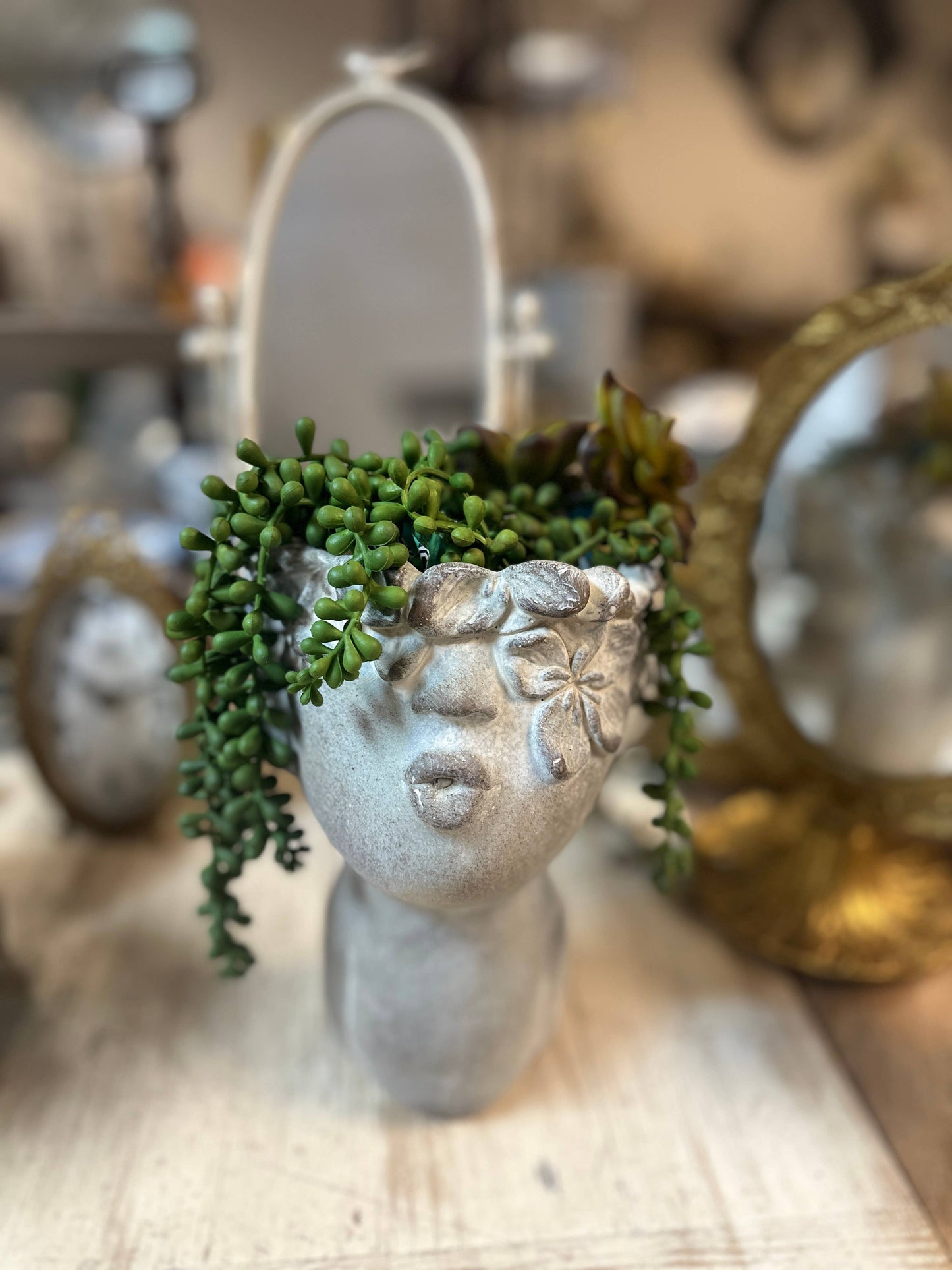 Vagabond Vintage - Concrete head kissing face succulent planter: LARGER, Large