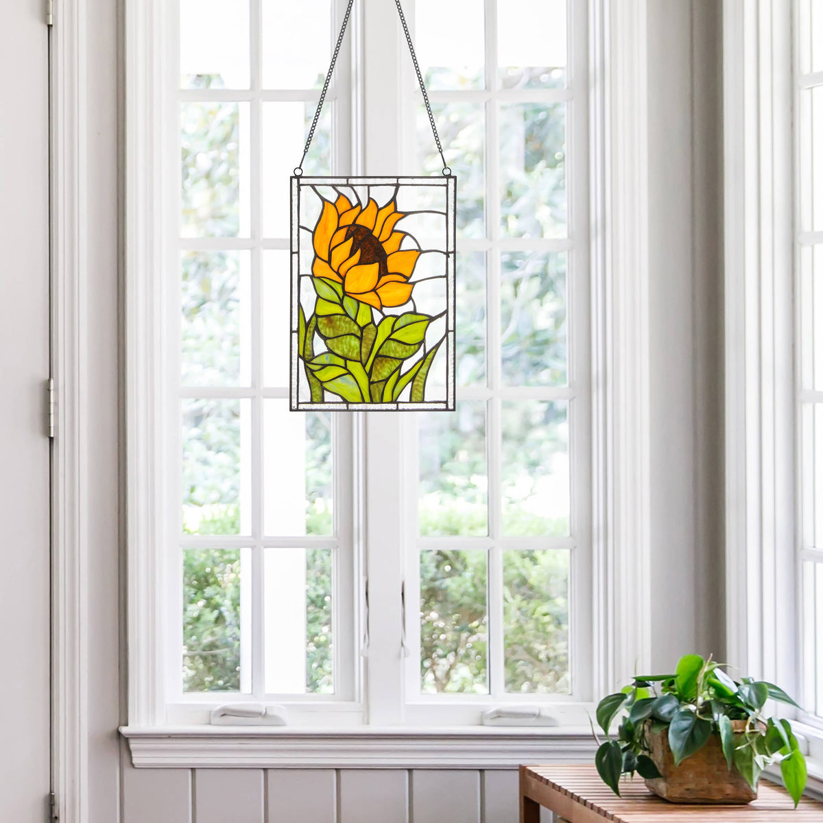 Stained Glass Multicolored Sunflower Window Panel 11.25”H