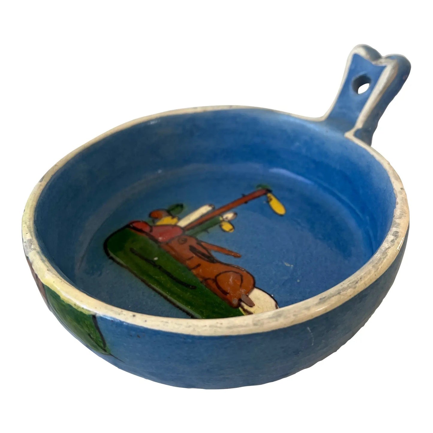 Animal Design Painted and Glazed Terra Cotta Blue Dish With Handle
