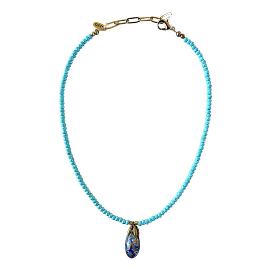 Turquoise Beaded Necklace With Vintage Hand Made Glass Chinese Pendant