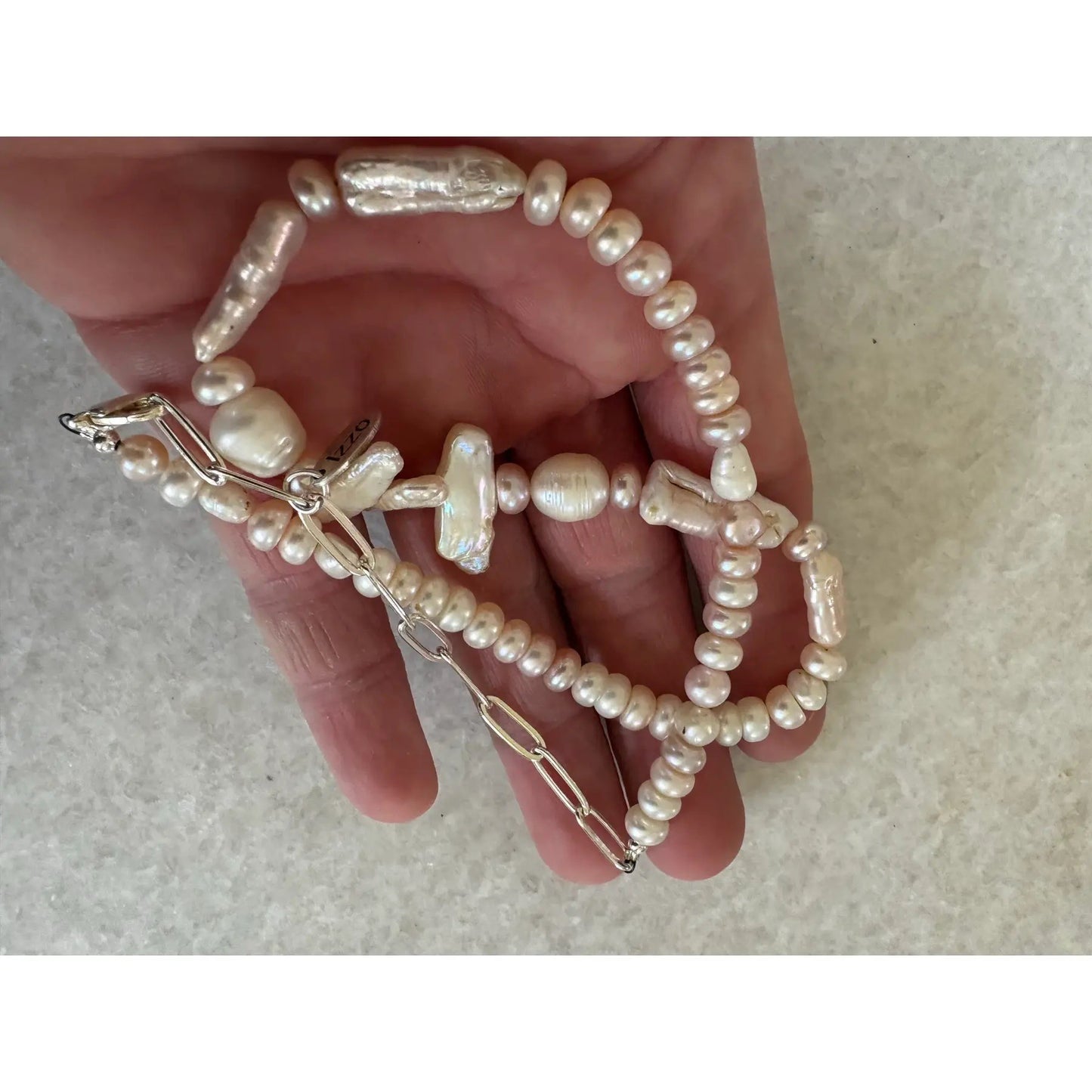Freshwater Pearl Necklace With Silvertone Clasp and Chain Designed by Matthew Izzo