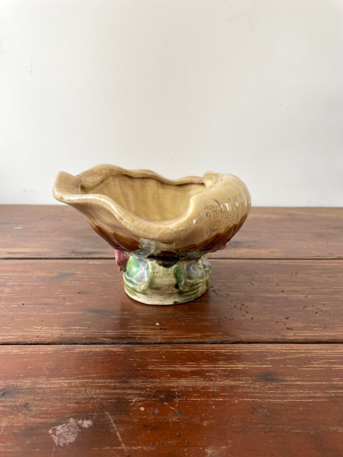 Vintage Majolica Seashell Pedestal Bowl With Flower Base