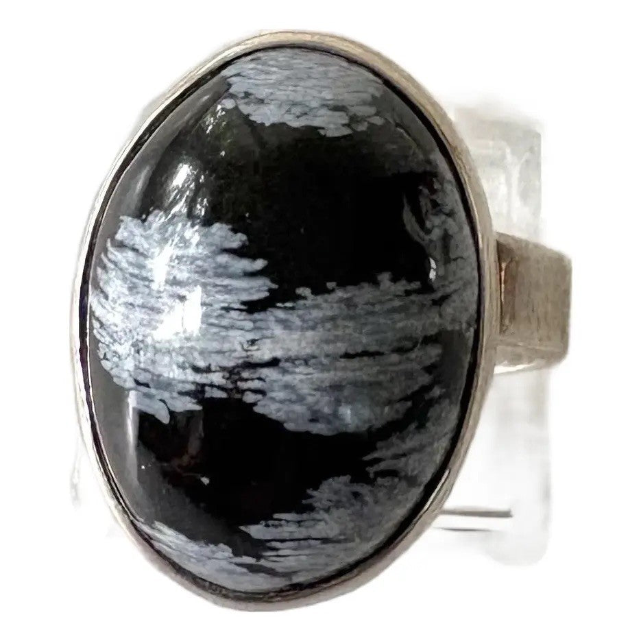 Sterling Silver Ring With an Oval Snowflake Obsidian Gemstone
