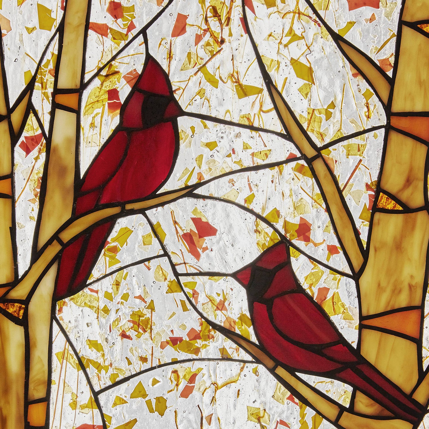 Vidrio emplomado - Panel de ventana Cardenales rojos del Edén en otoño de 14" de alto
