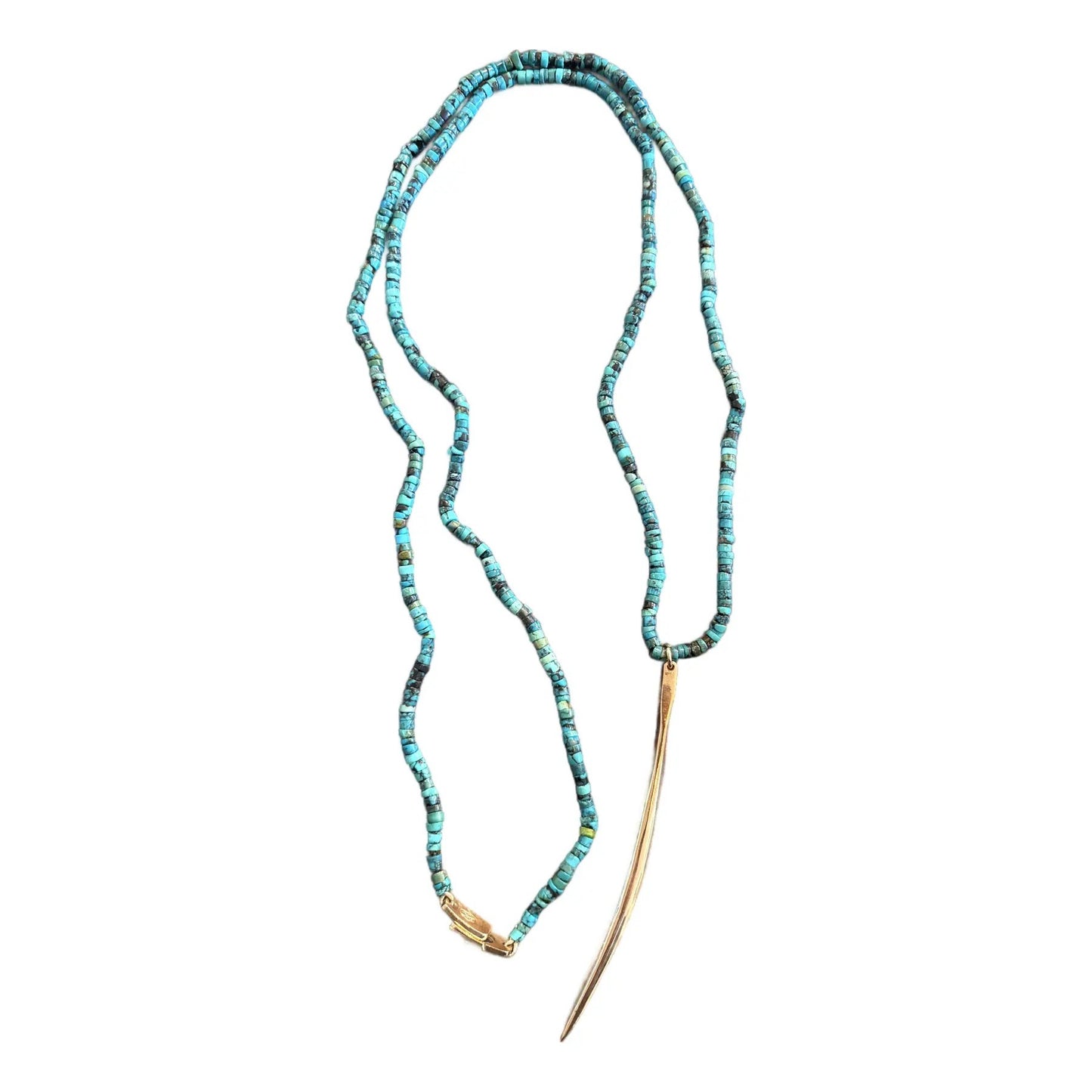 Turquoise Beaded Necklace With Gold Tone Abstract Horn Pendant 32 Inches