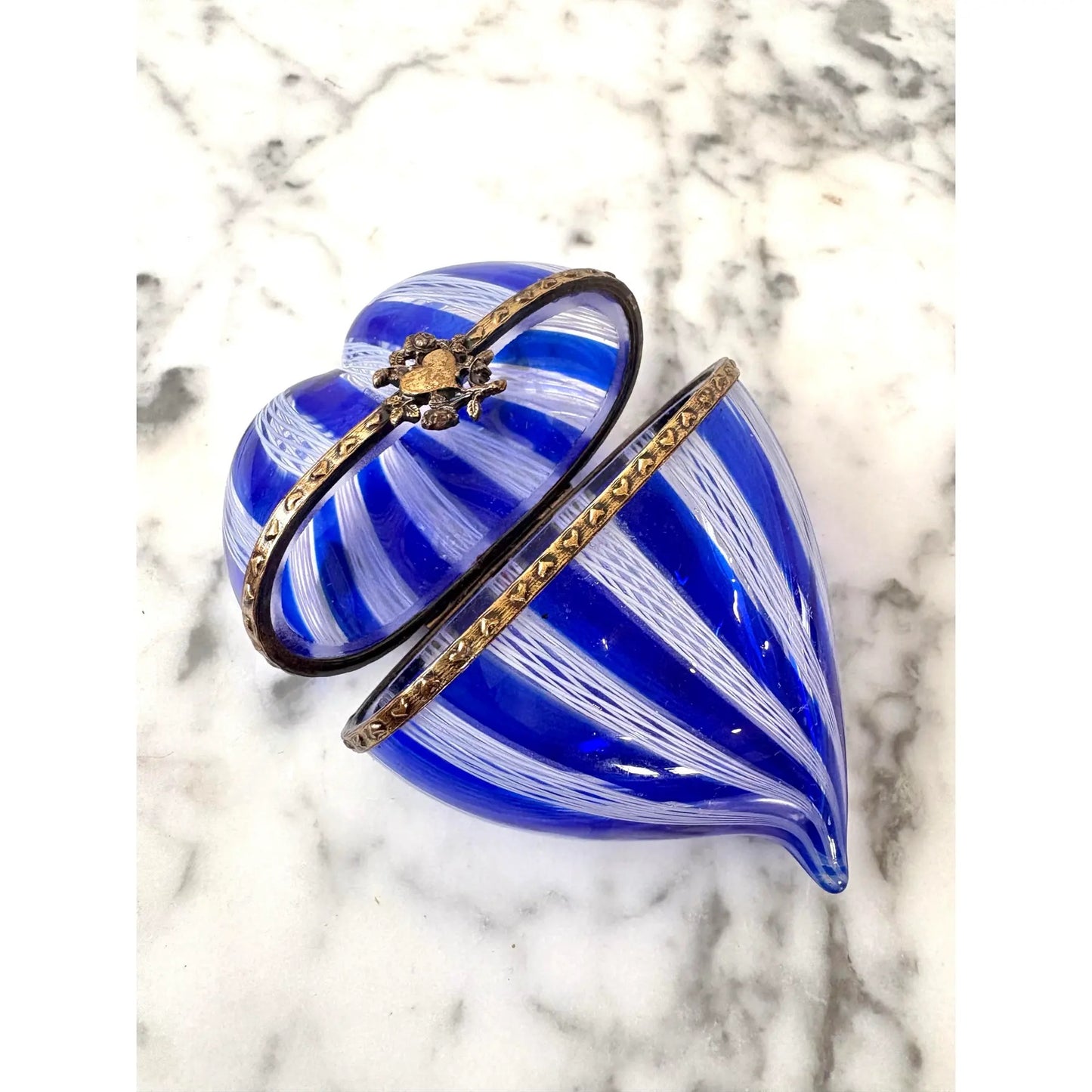 Murano Latticino Venetian Glass Heart Shaped Trinket Box
