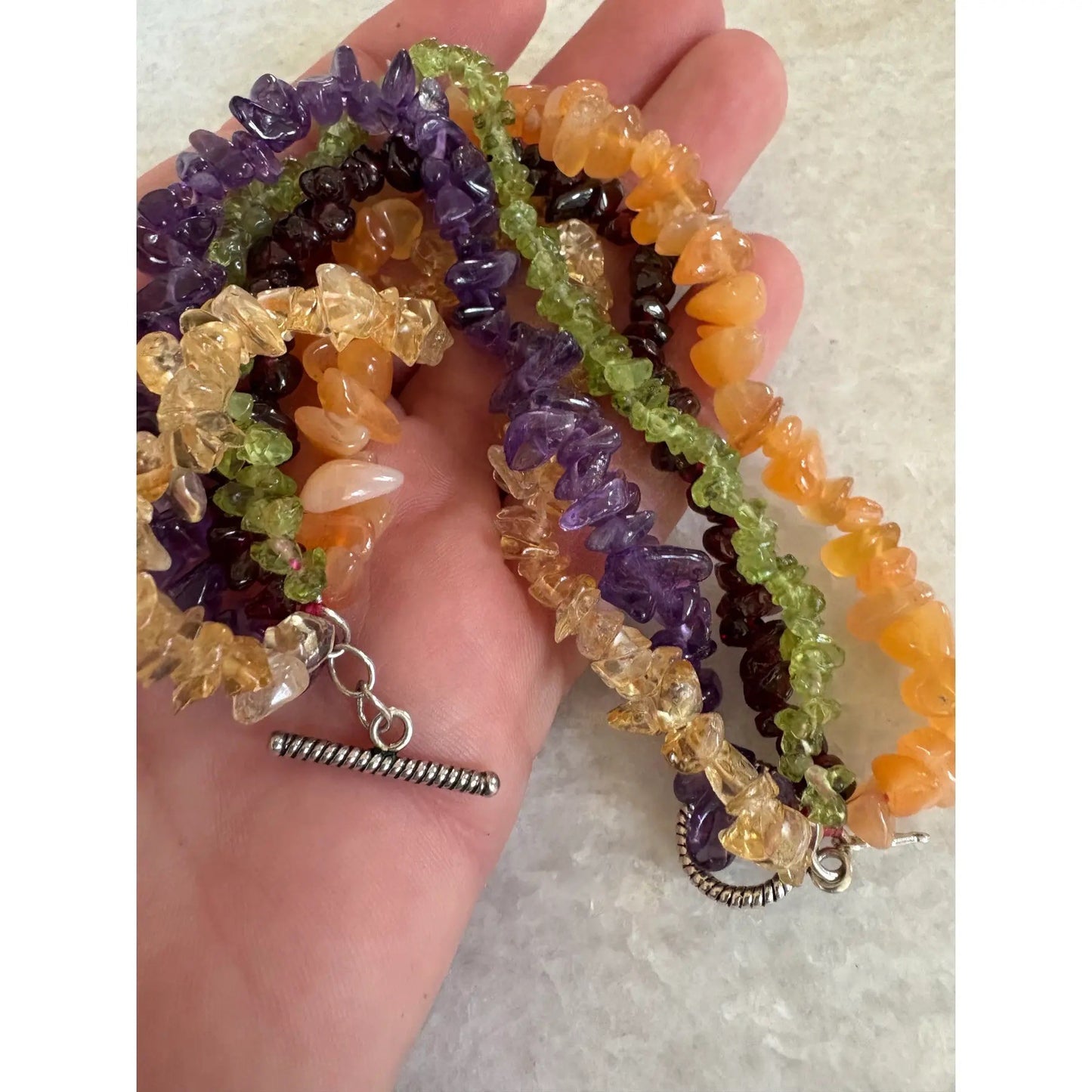 Vintage Multi Strand Beaded Bracelet With Amethyst, Carnelian Citrine Peridot, and Garnet - Sterling Silver Clasp