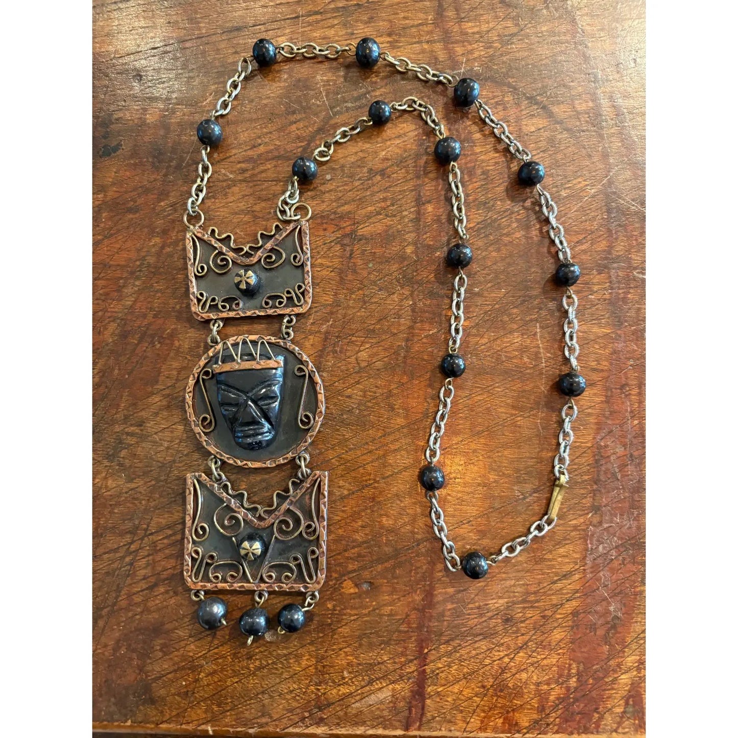 Palm Royal Style Aztec Carved Black Onyx, Brass, and Copper Necklace