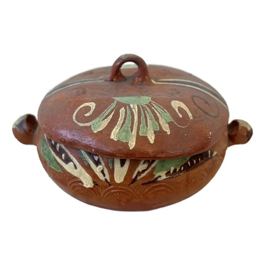 Hand Painted Mexican Terracotta Bowl With Lid Stamped Made in Mexico