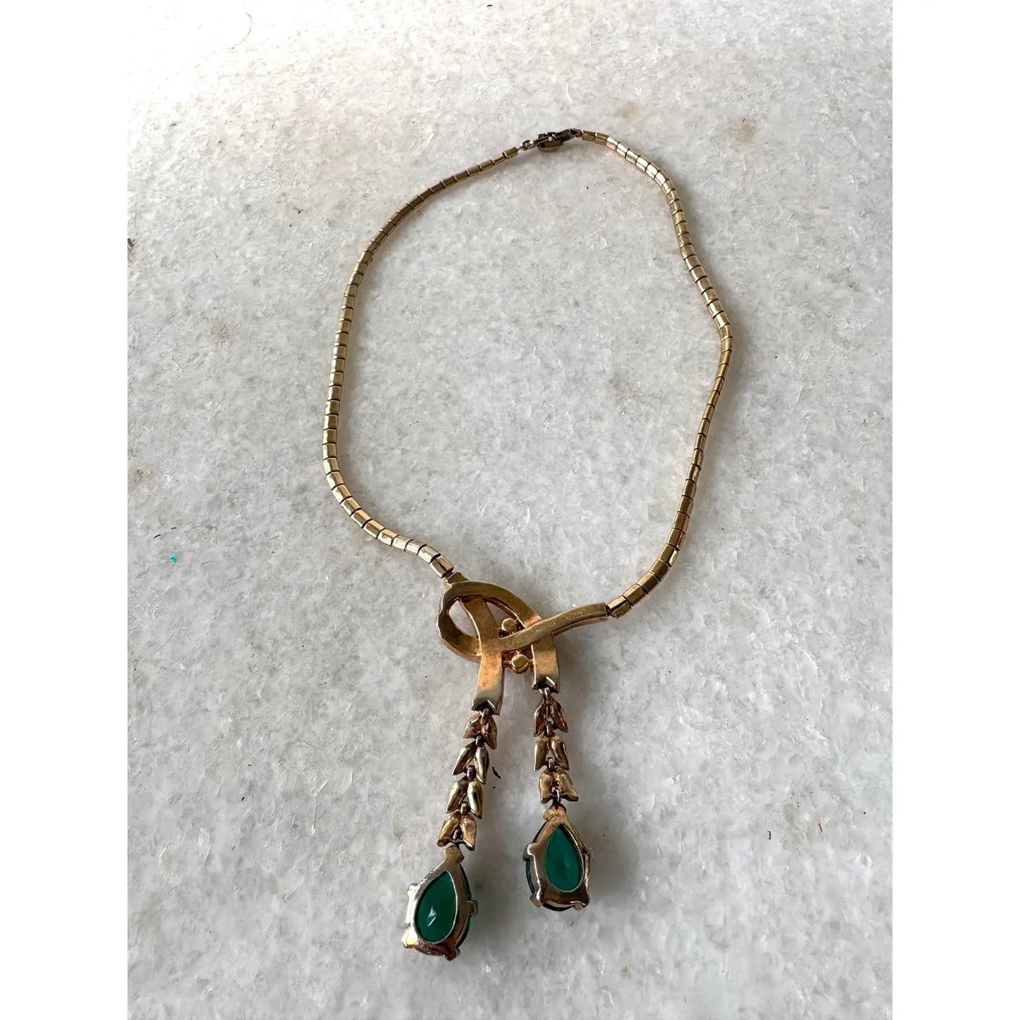 Vintage Crown Trifari Gold-Toned Emerald and Clear Rhinestone Necklace From 1949