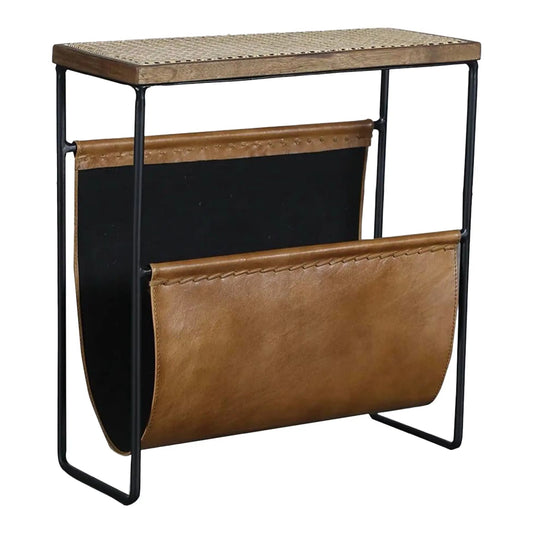 Leather and Rattan Magazine Rack Side Table - Matthew Izzo Collection
