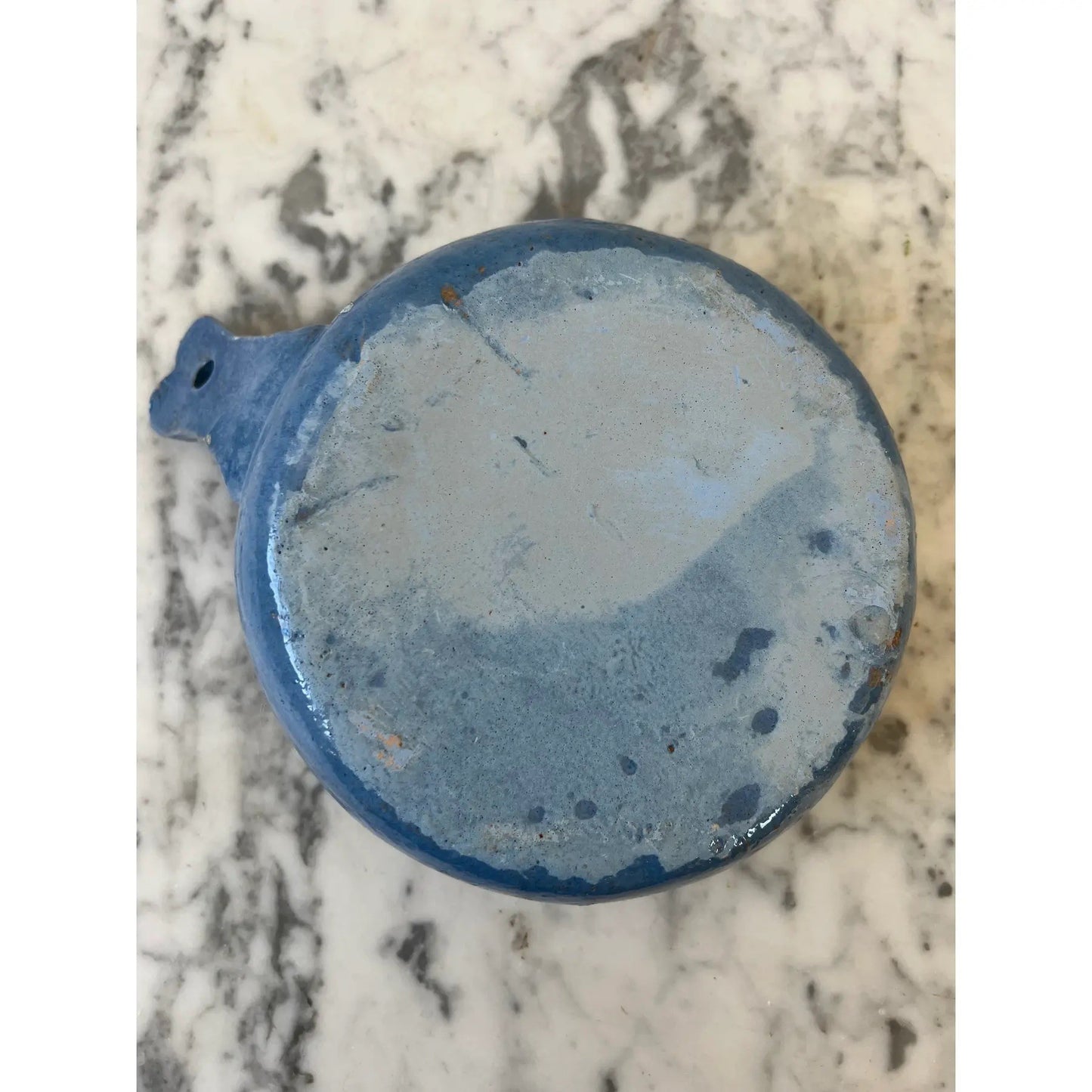 Animal Design Painted and Glazed Terra Cotta Blue Dish With Handle