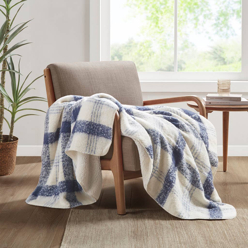 Plaid Catskills Blue Faux Mohair Sherpa Throw