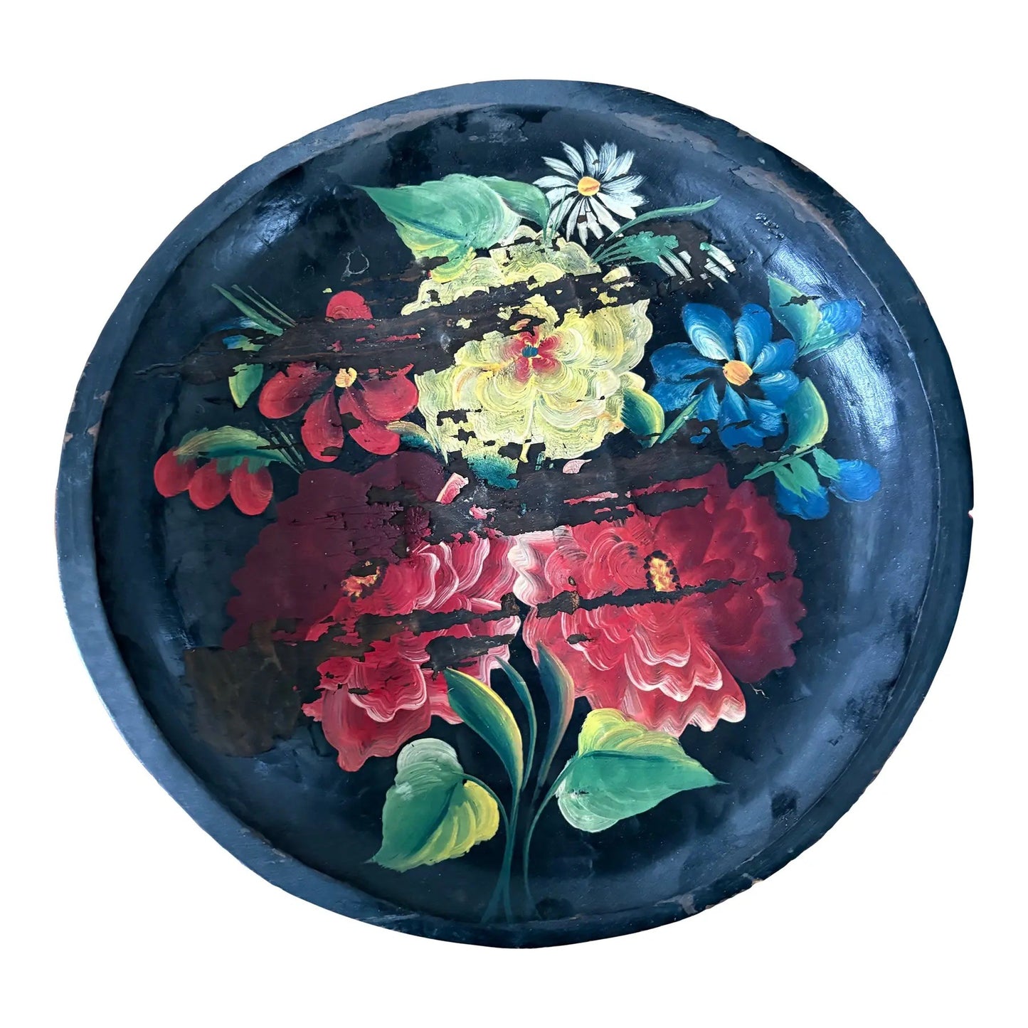 Vintage Hand Carved and Hand Painted Round Floral Wooden Tray