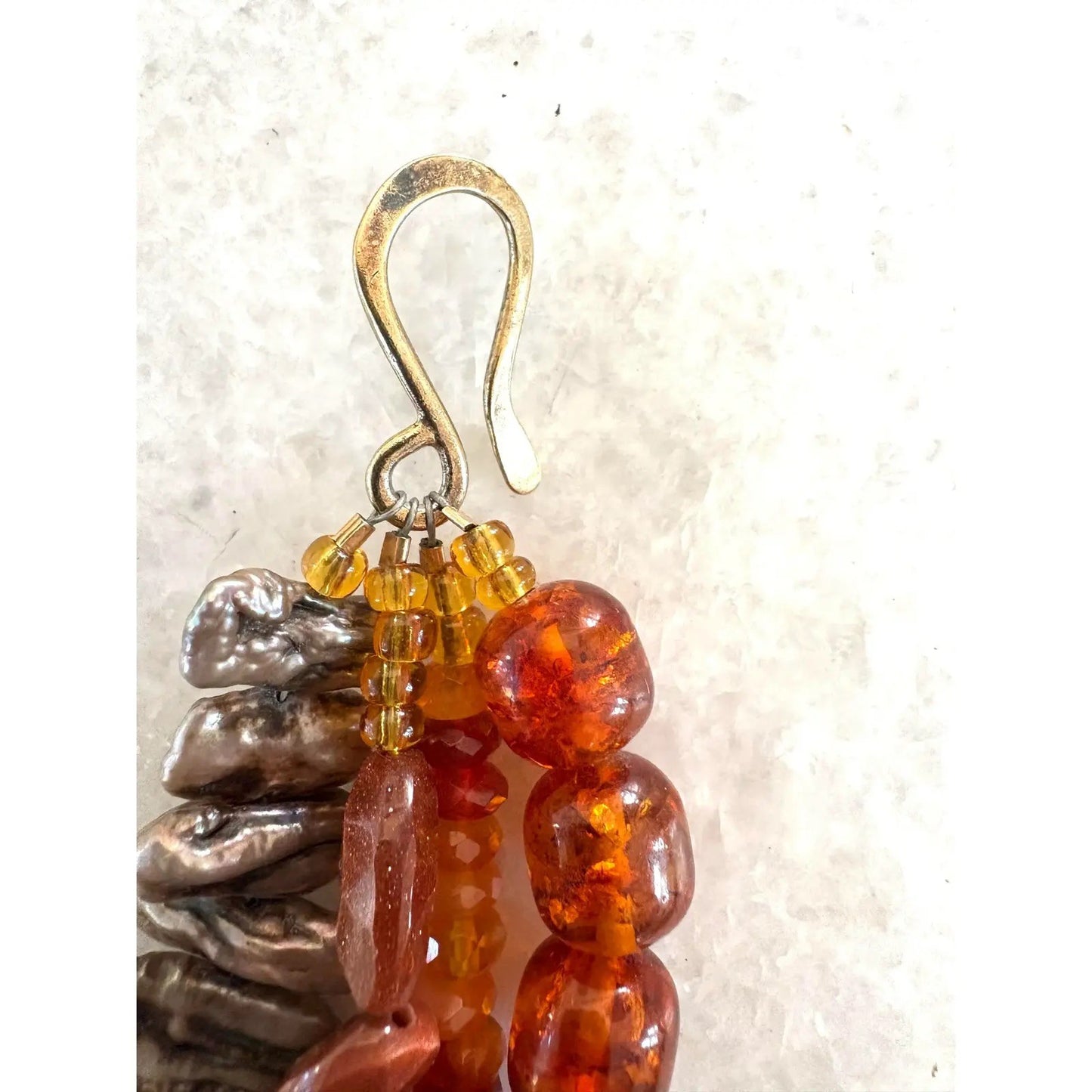 Vintage Multi-Strand Freshwater Pearls, Carnelian Amber, and Gold Tone Beaded Necklace
