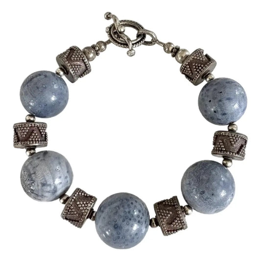Rare Vintage Blue Coral and Silver Beaded Bracelet
