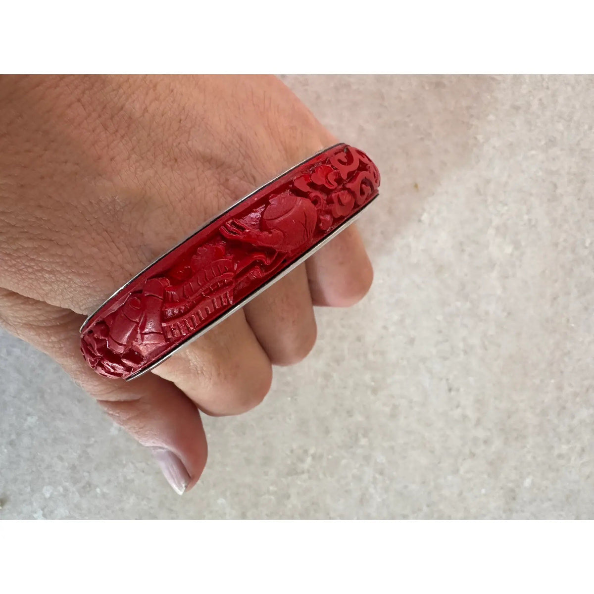 Vintage Sterling Silver and Cinnabar Bangle Bracelet