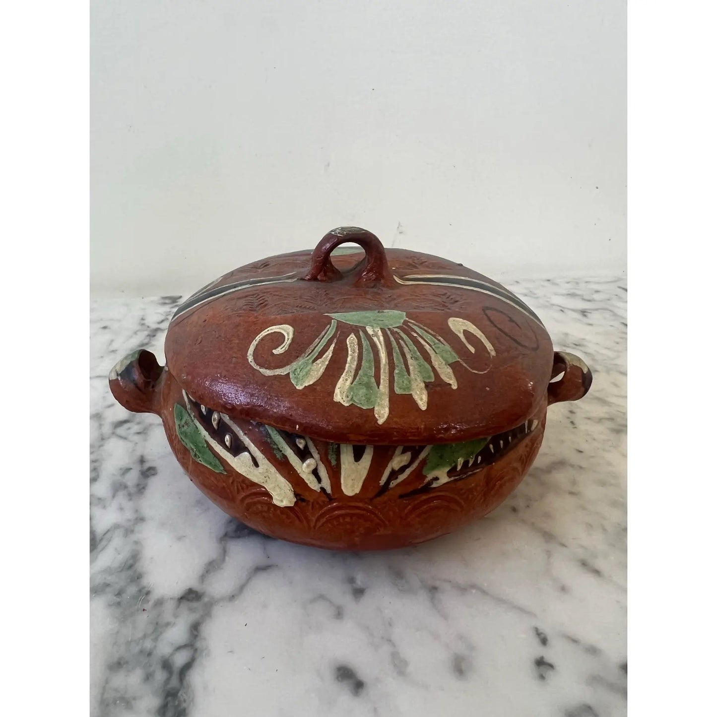 Hand Painted Mexican Terracotta Bowl With Lid Stamped Made in Mexico