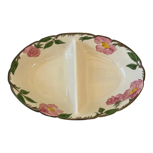 Cuenco de servicio seccionado ovalado Franciscan loza floral rosa y verde - apto para horno y sellado