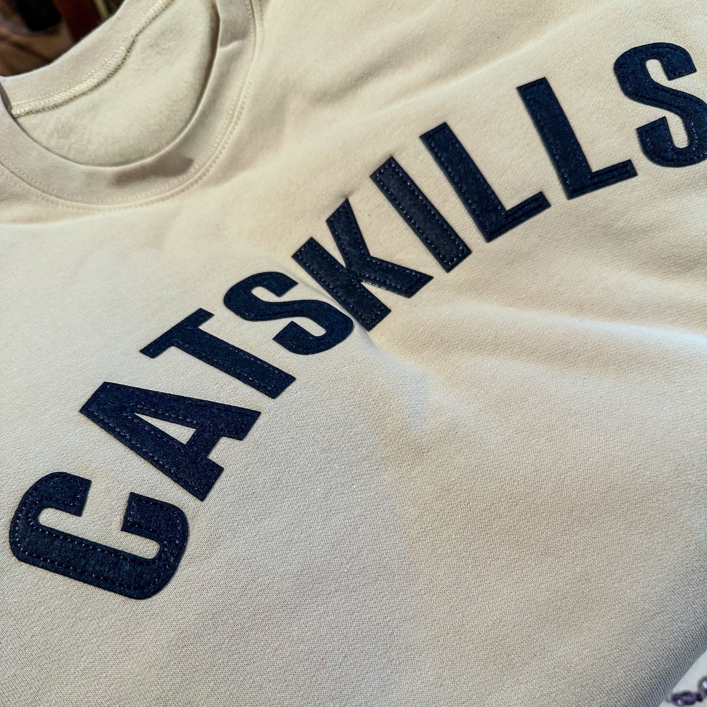 Limited Edition: Catskills Letterman Felt Crewneck Sweatshirt: Oat w/ Navy Lettering