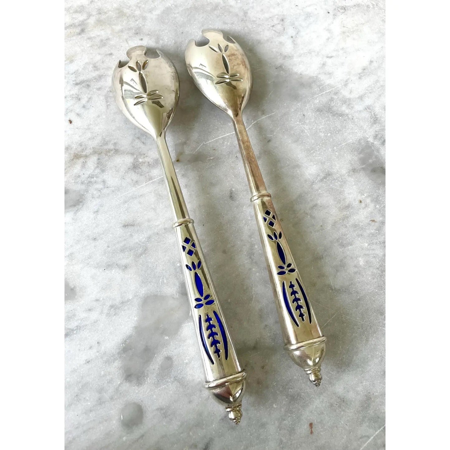 Royal Cobalt Glass and Silver Plate Serving Spoons
