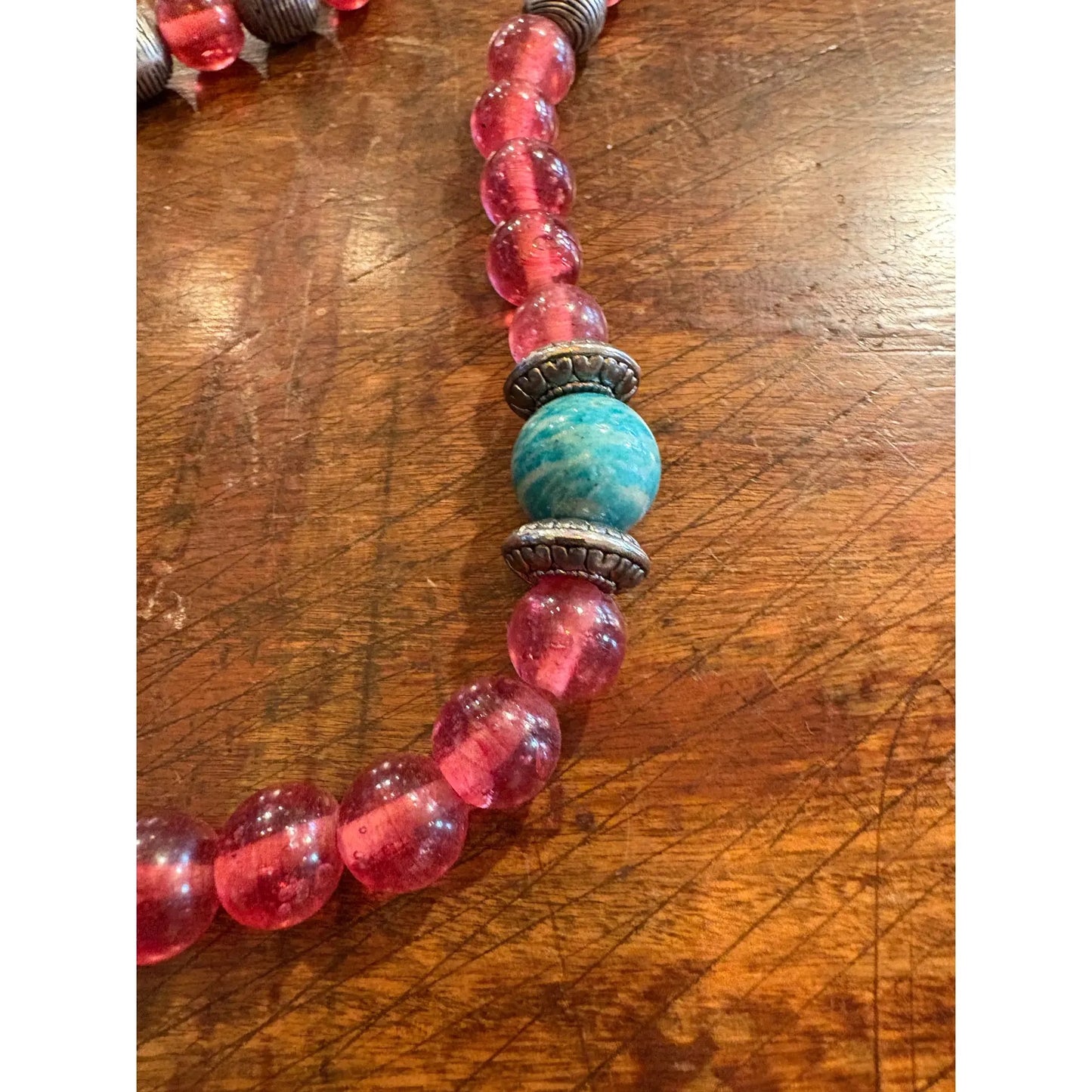 Collar de Cuentas de Plata Mixta, Amazonita y Cristal Chino Antiguo Rojo