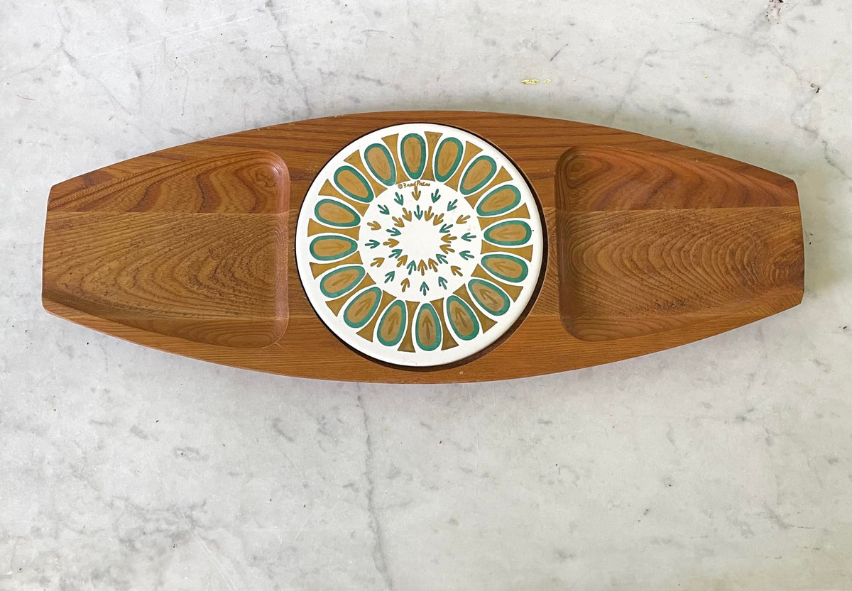 Vintage Fred Press Serving Tray With Trivet - Hand Carved Sere Wood, Japan