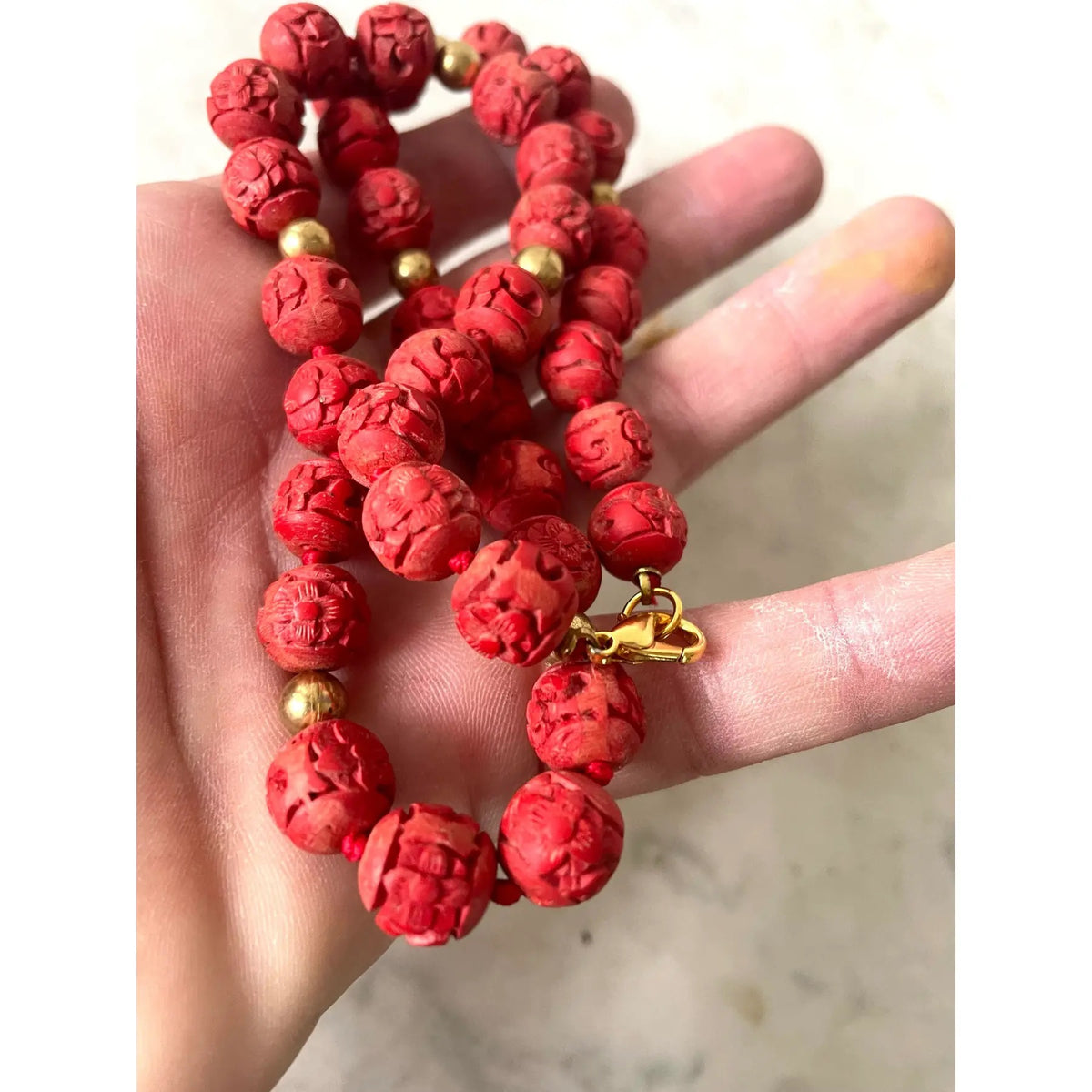 Vintage Cinnabar Chinese Necklace and Clip Earrings Set
