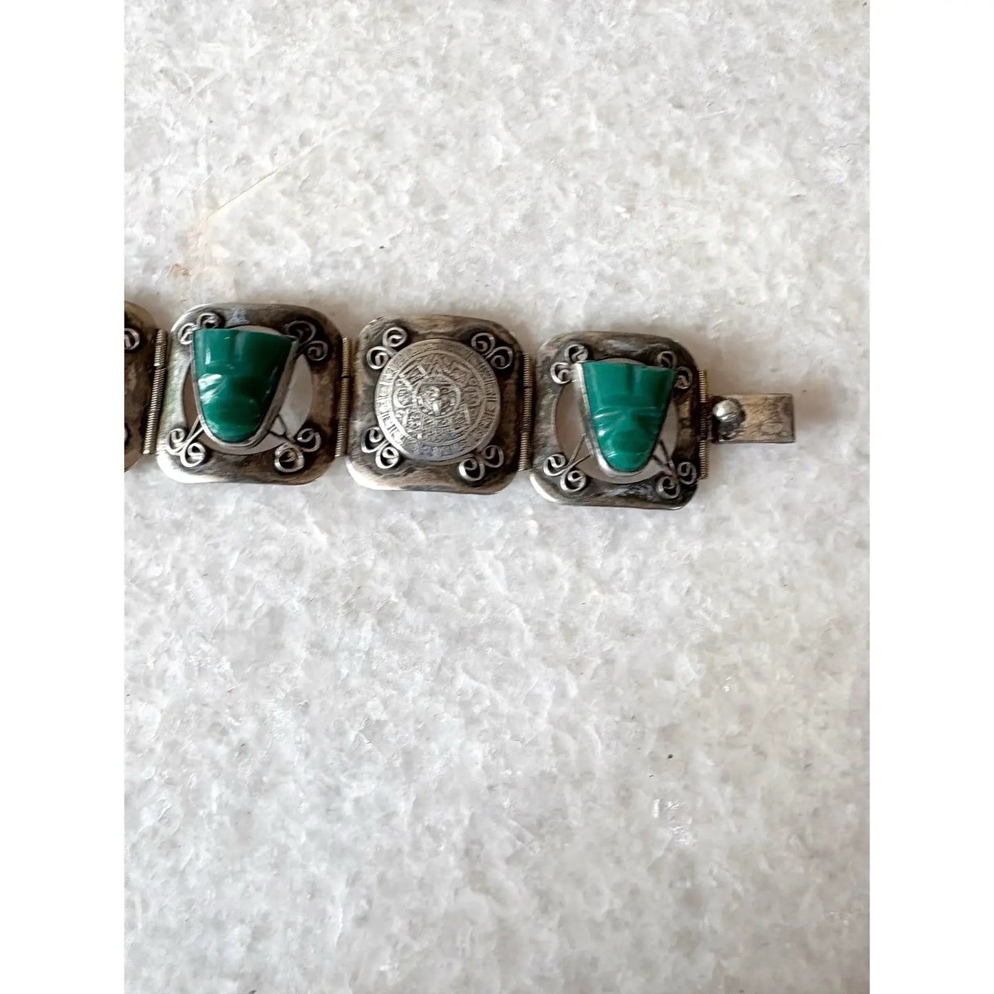 Vintage Aztec Carved Jade and Sterling Silver Wrap Bracelet - Stamped