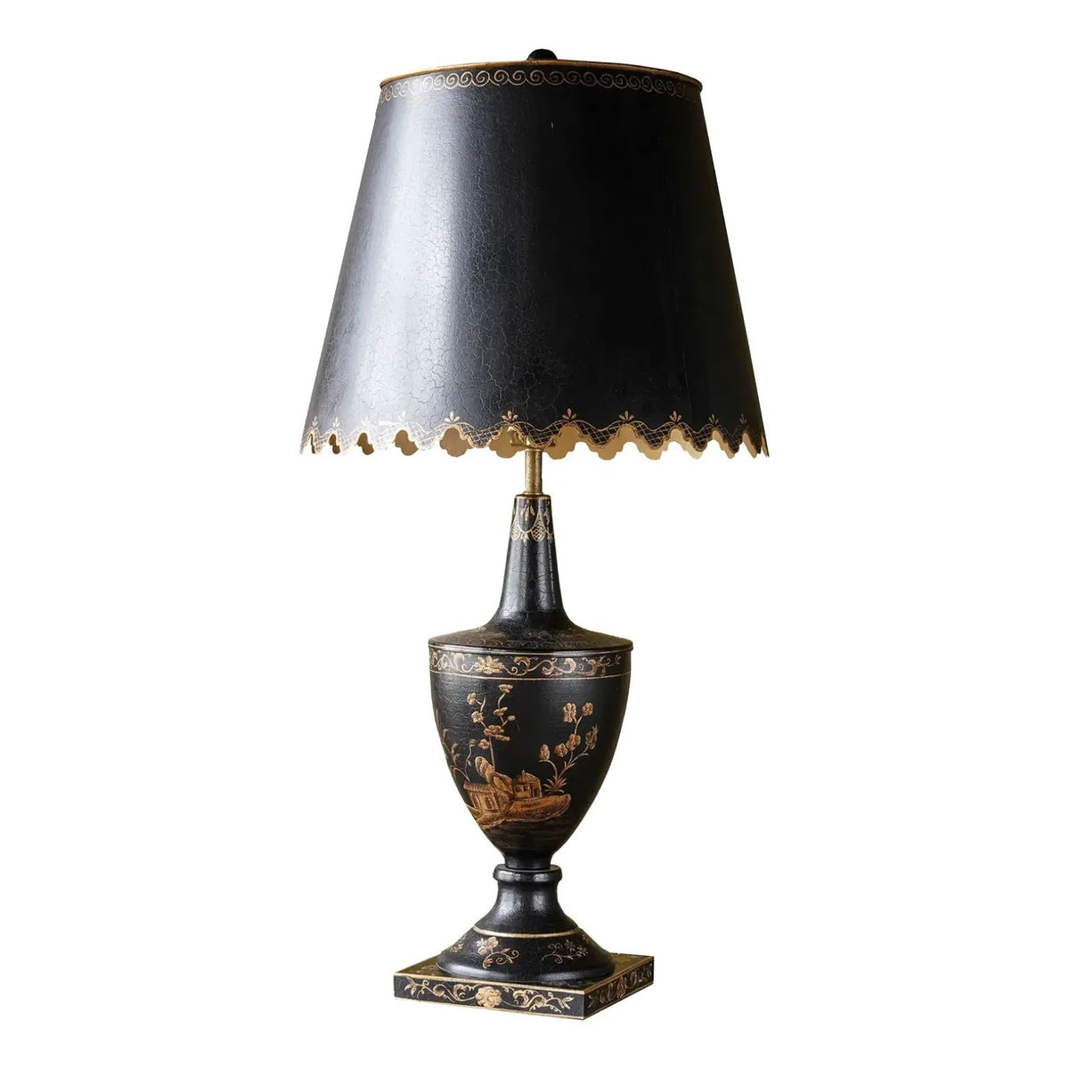 Matthew Izzo Home Hand Painted Tole Table Lamp With Crackle Finish Shade - New