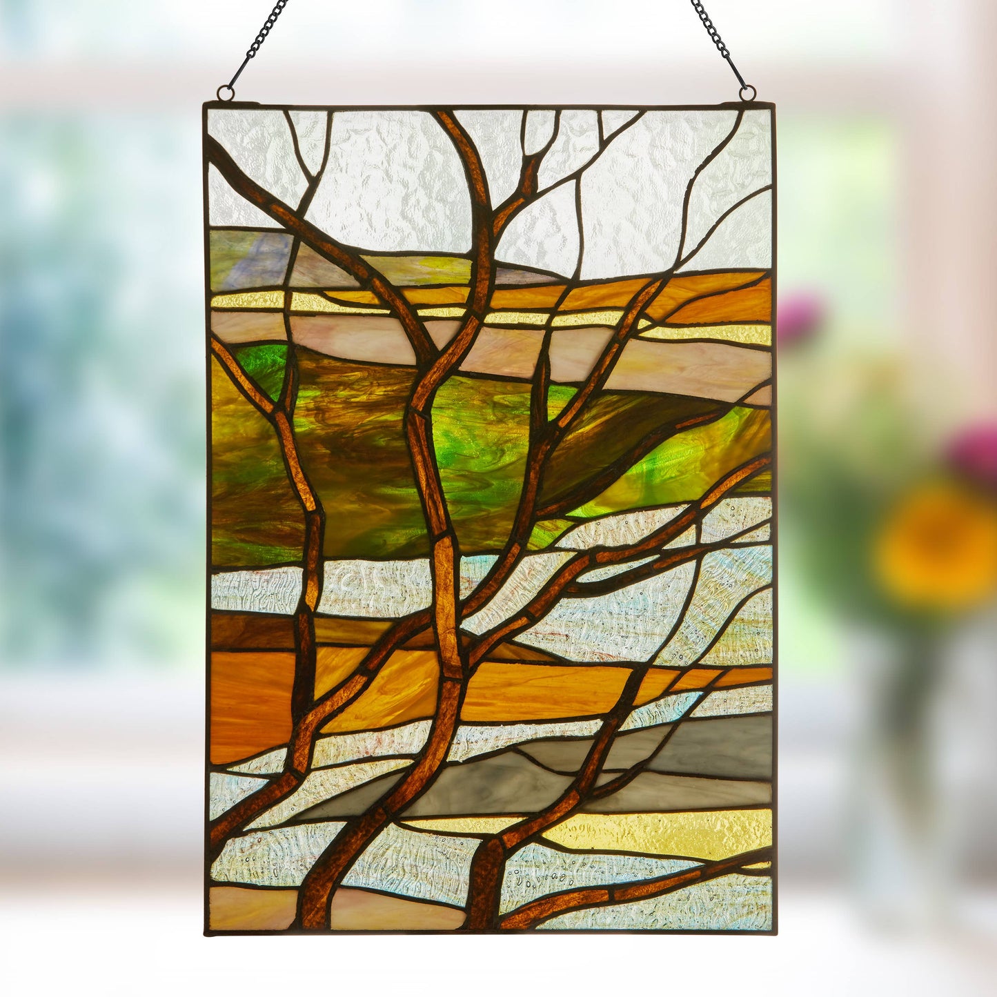 Stained Glass Fall Treescape Window Panel 20"H