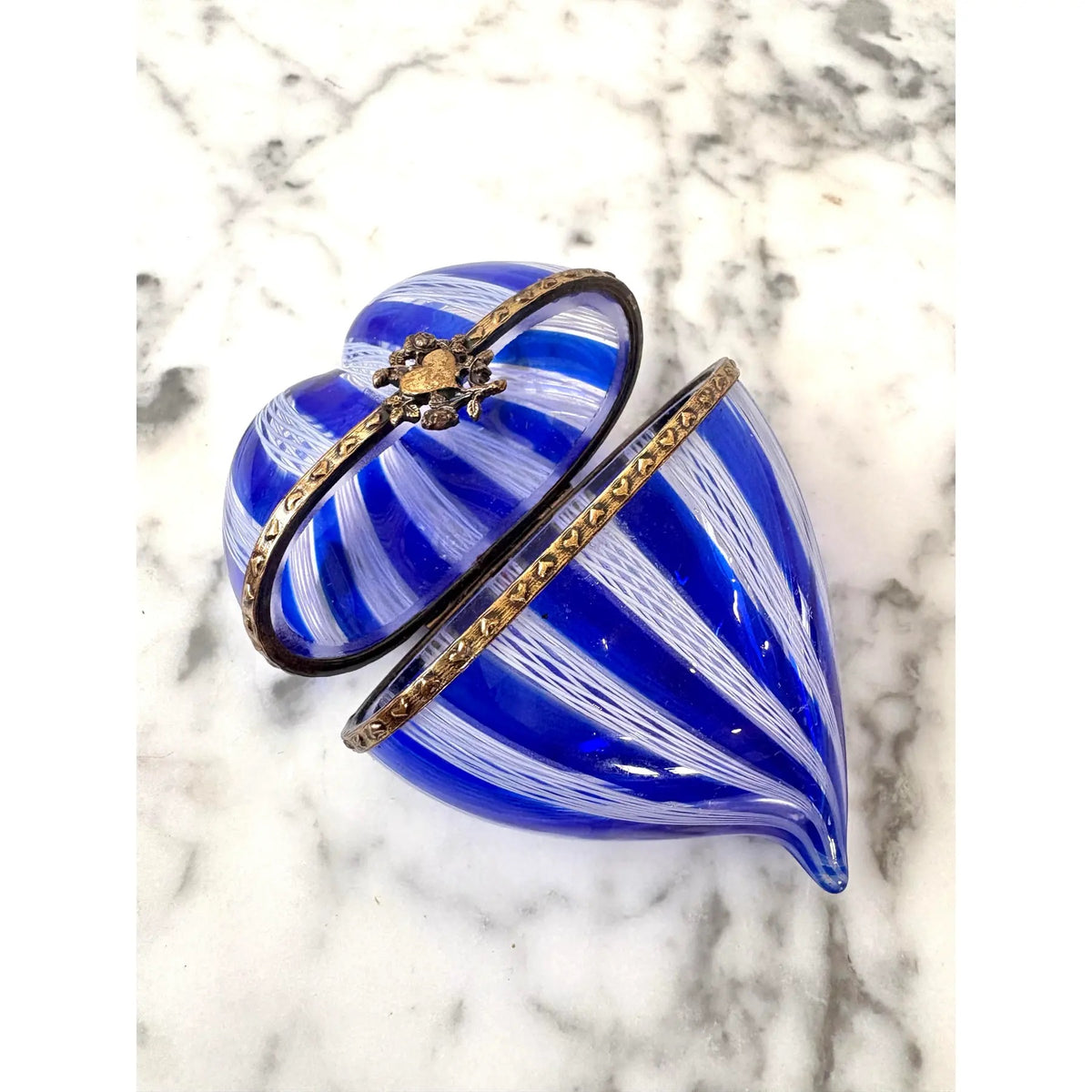 Murano Latticino Venetian Glass Heart Shaped Trinket Box