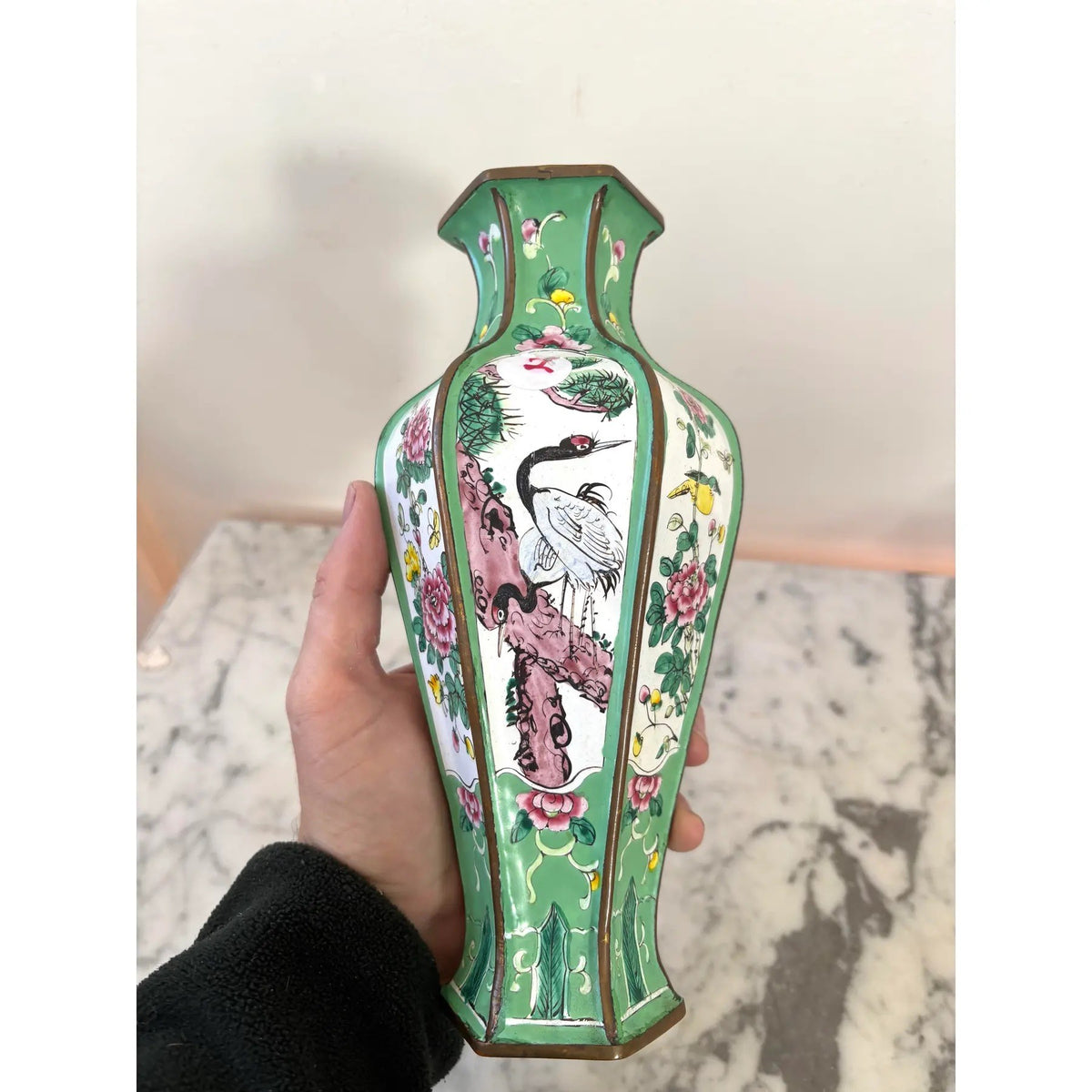 Chinese Canton Enamel Copper Hexagonal Vase With Bird and Floral Decorations