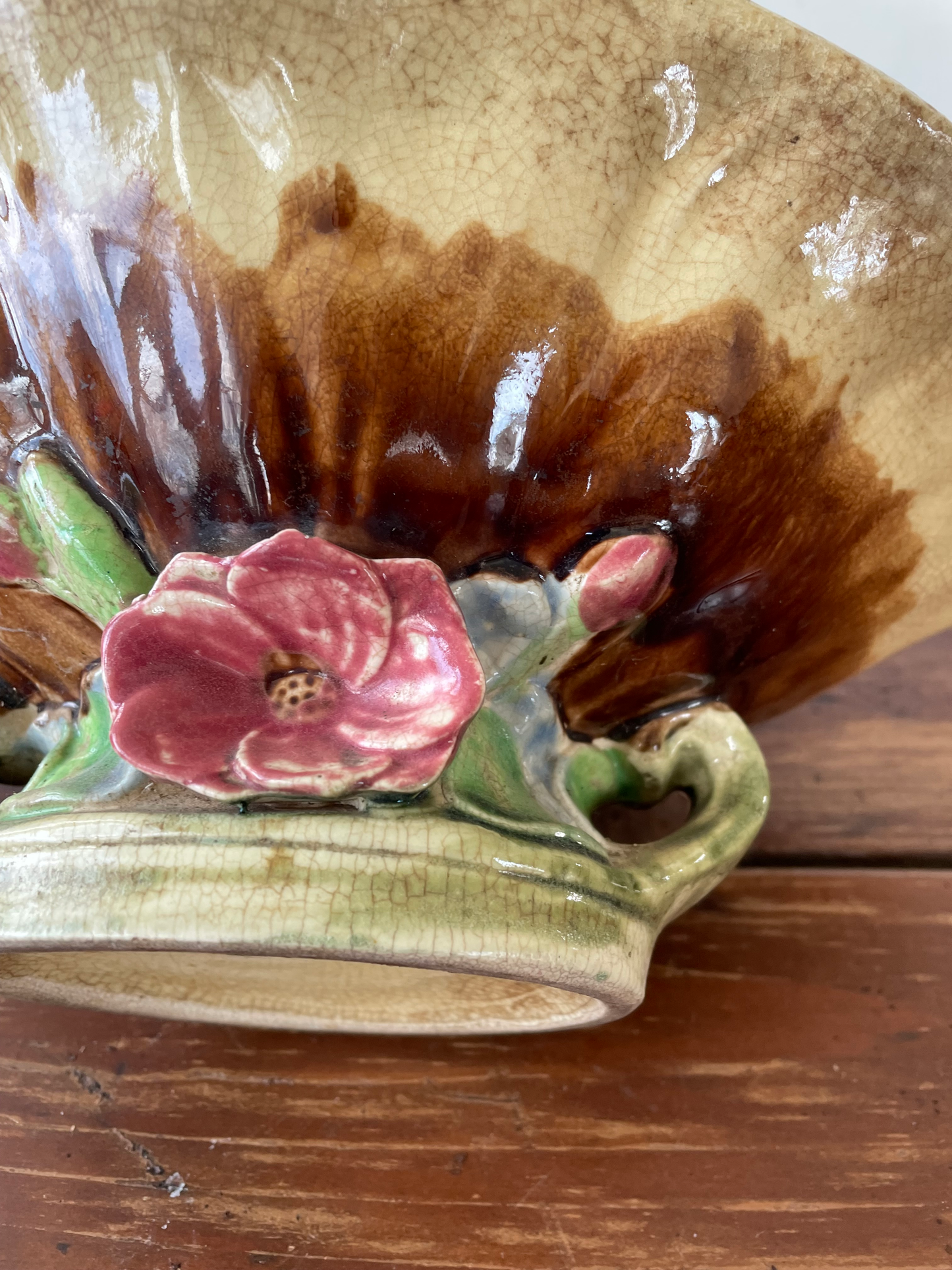 Vintage Majolica Seashell Pedestal Bowl With Flower Base