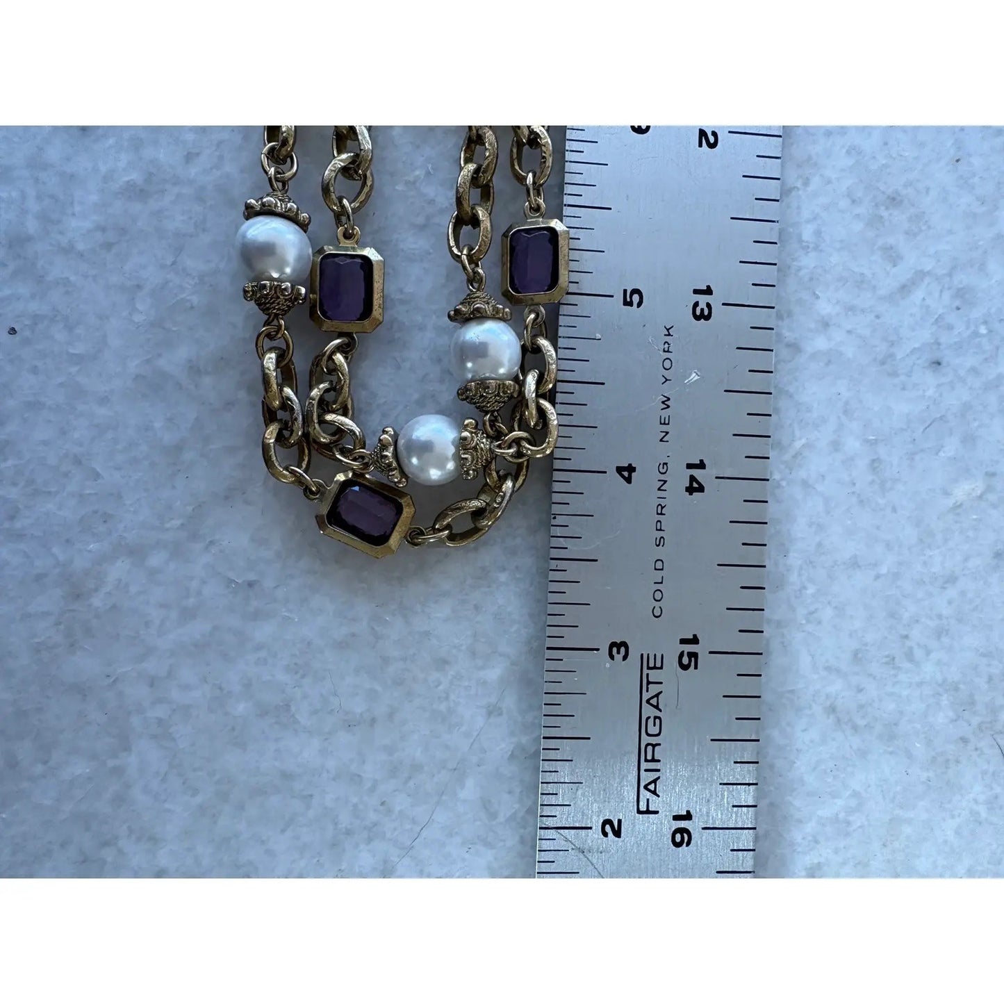Amethyst, Pearl, and Brass Link and Chain Necklace