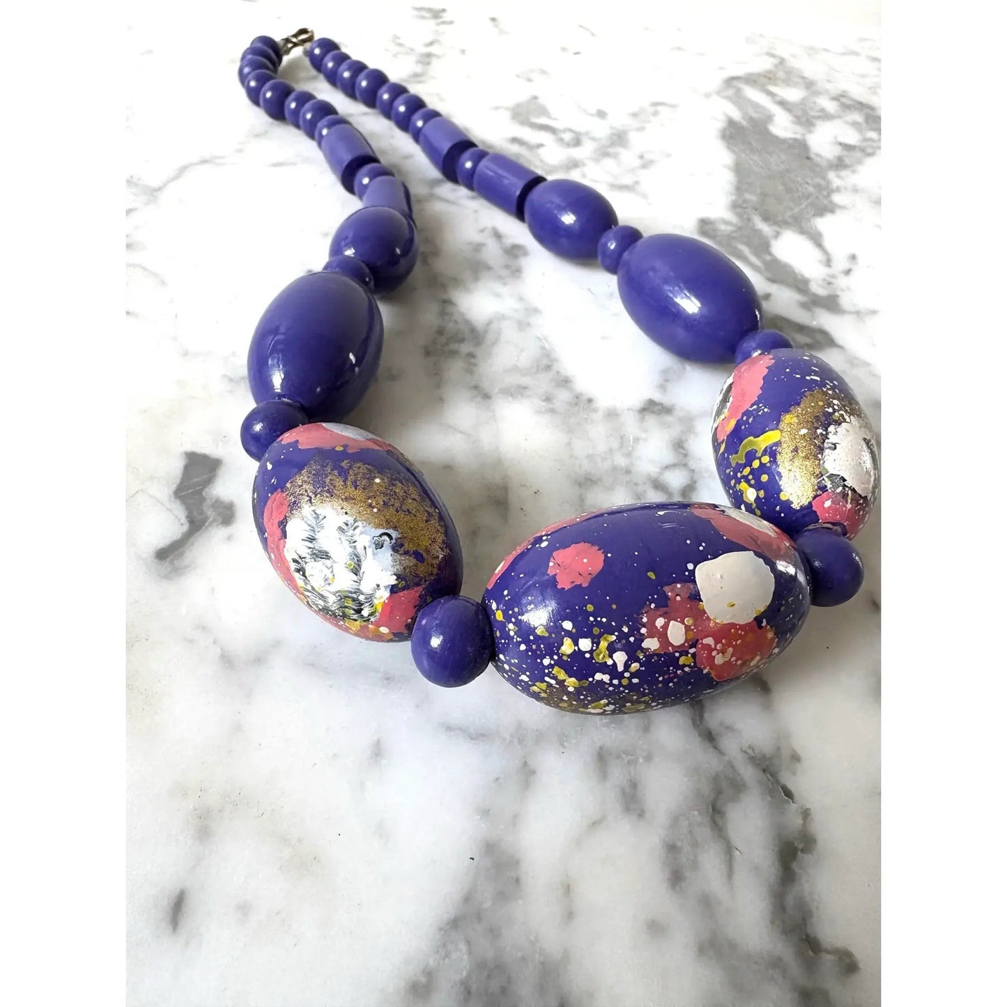 Mid Century Hand Painted Wood Beaded Necklace