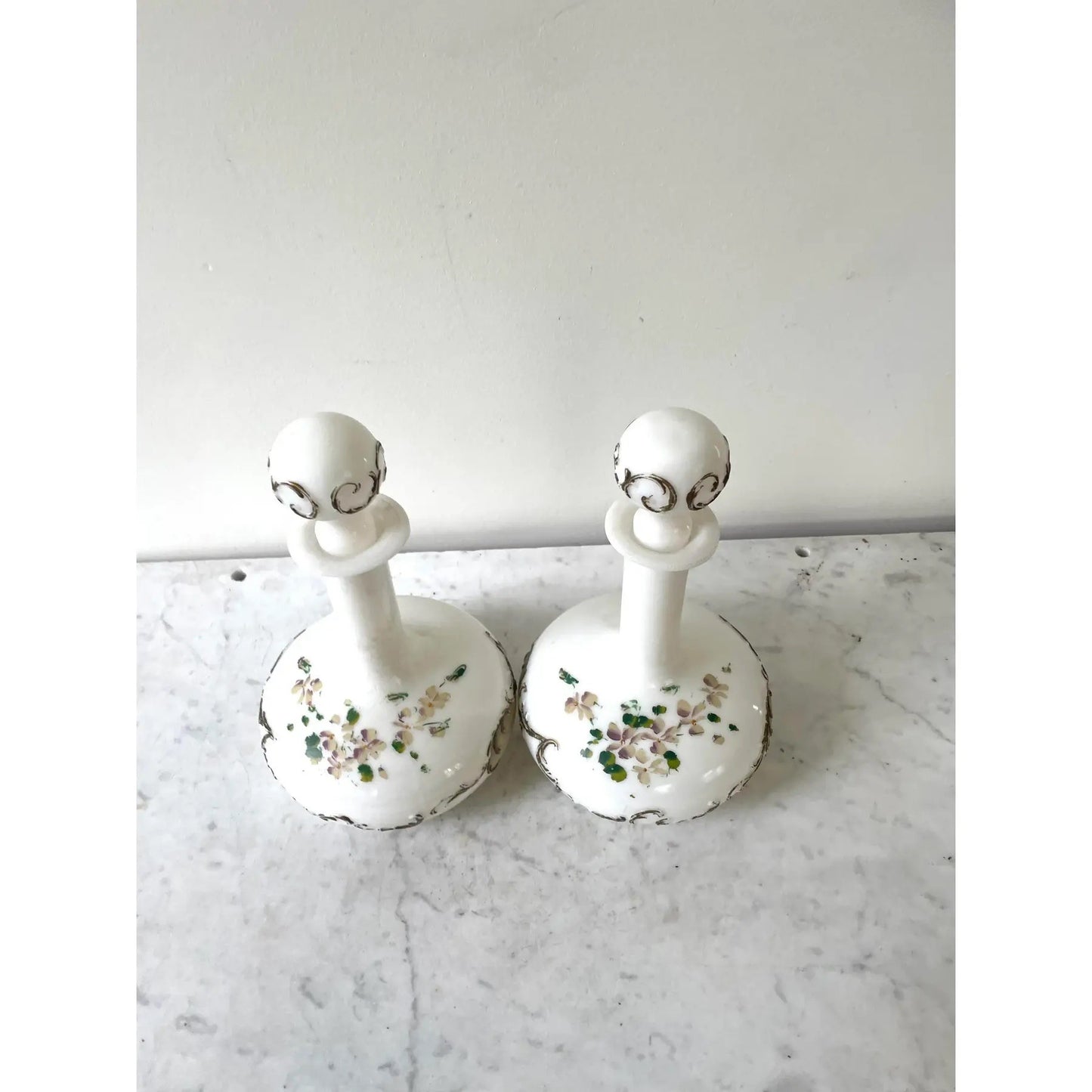 Pair of Victorian Milk Glass Decanters With Painted Flowers Design