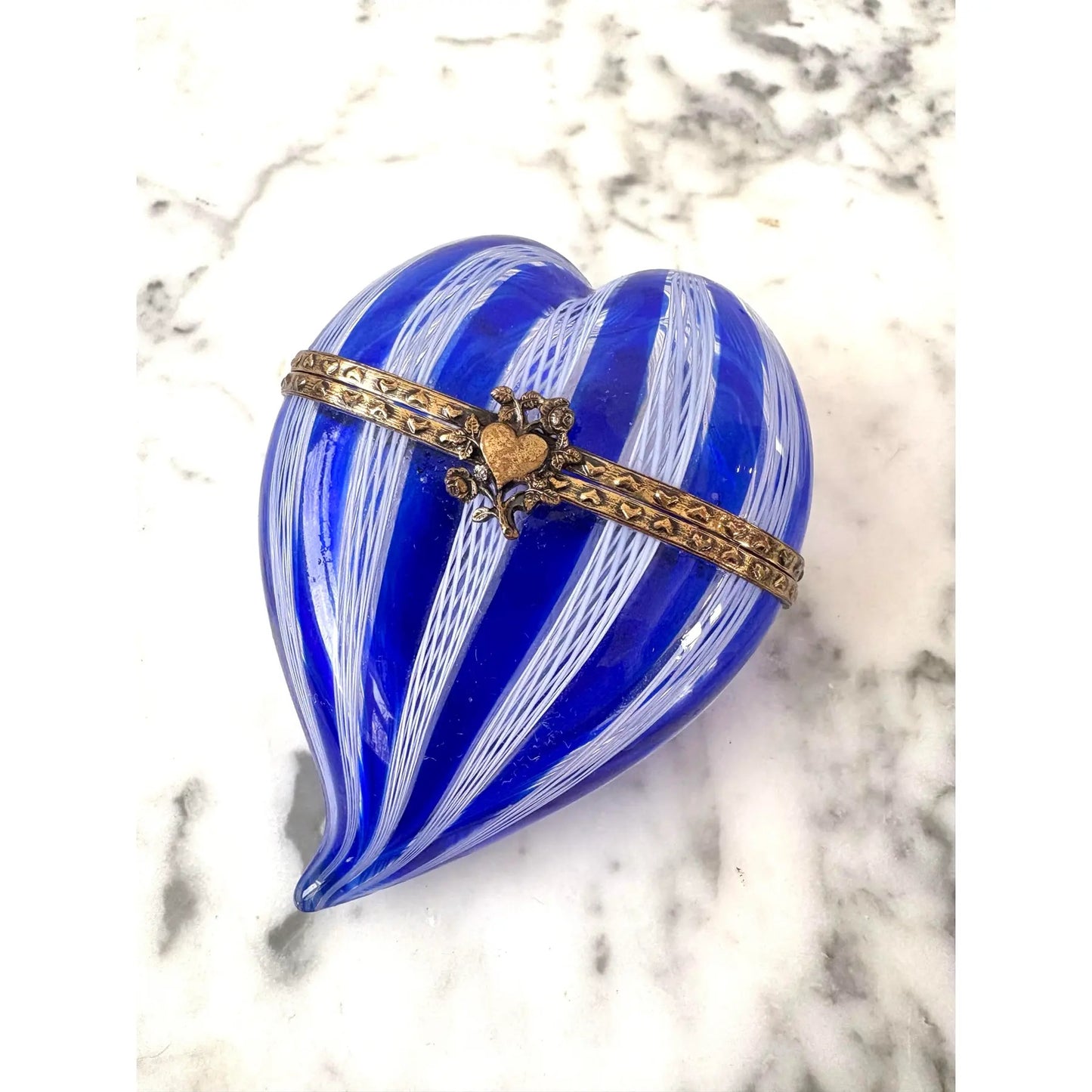 Murano Latticino Venetian Glass Heart Shaped Trinket Box