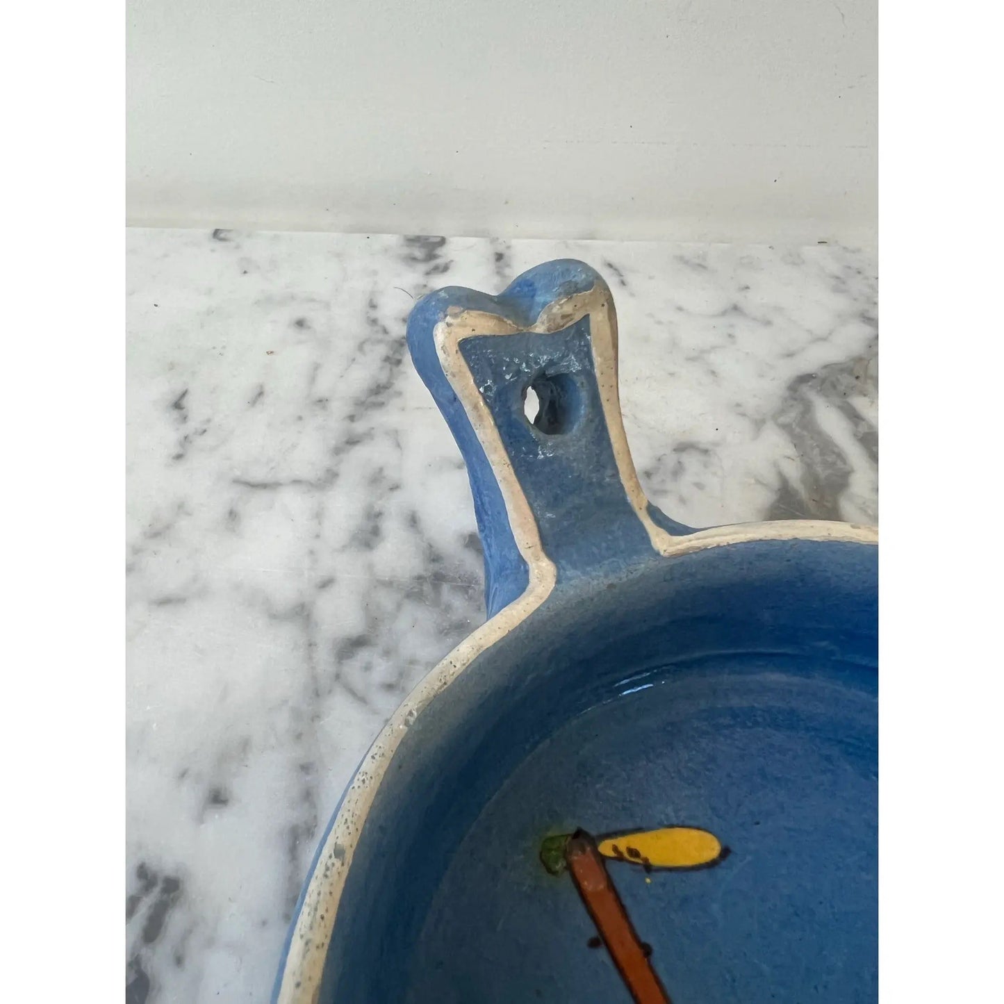 Animal Design Painted and Glazed Terra Cotta Blue Dish With Handle