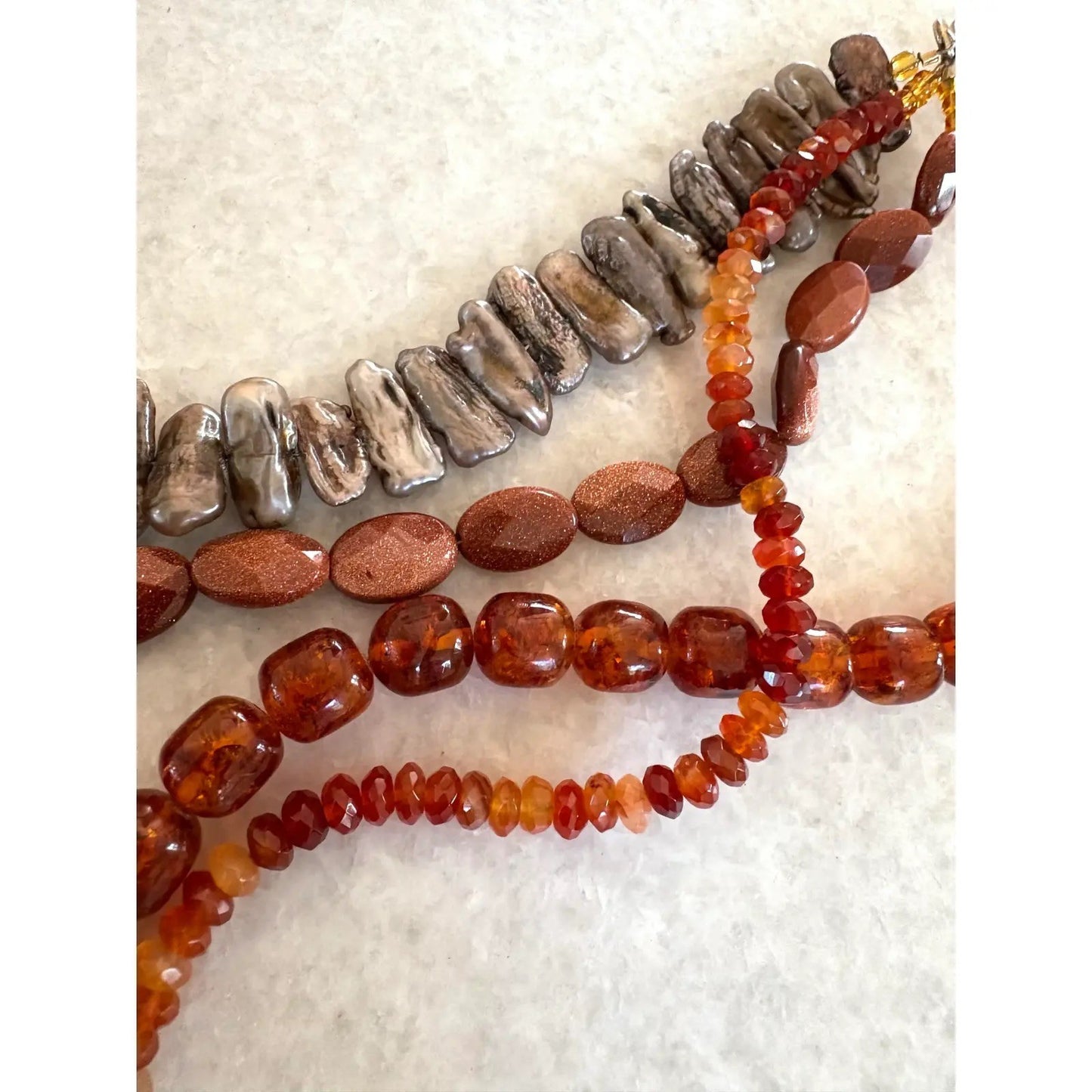 Vintage Multi-Strand Freshwater Pearls, Carnelian Amber, and Gold Tone Beaded Necklace