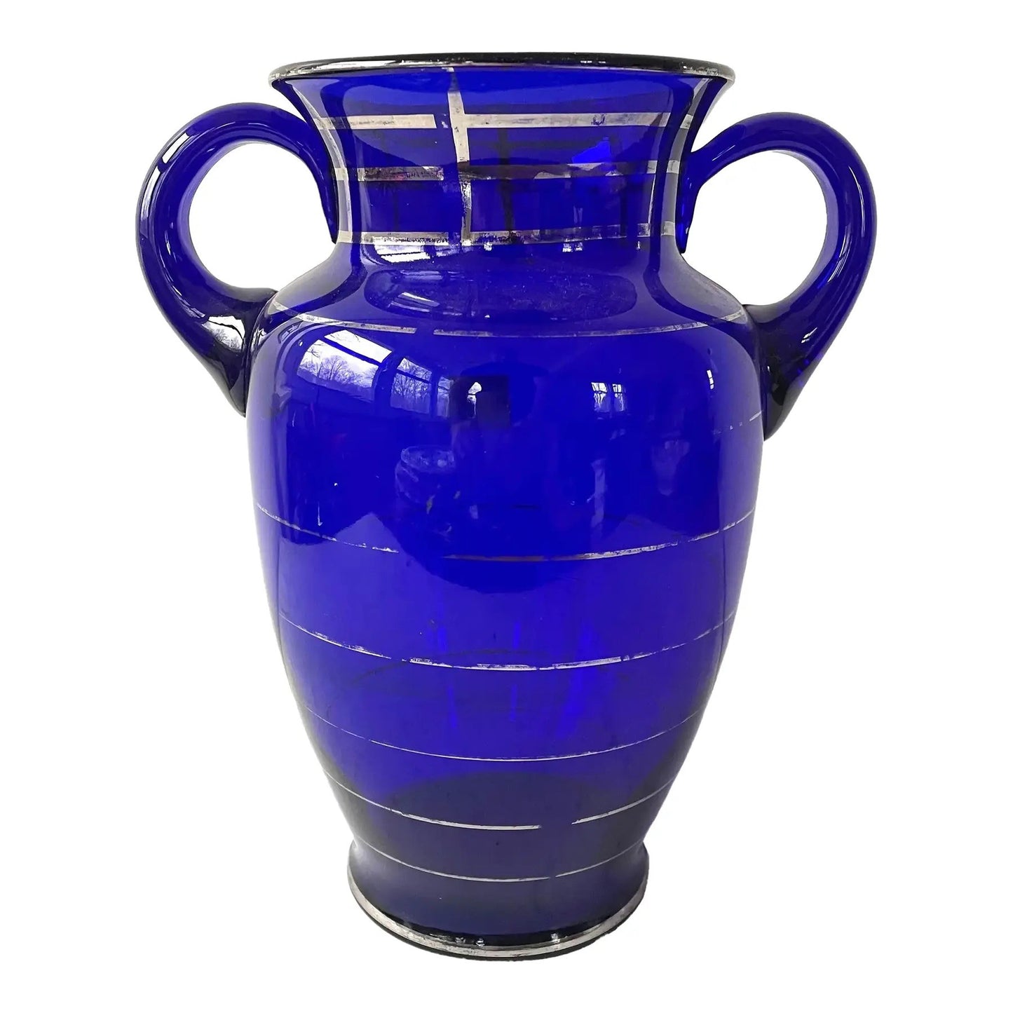 Antique Cobalt Blue Glass and Silver Urn Vase