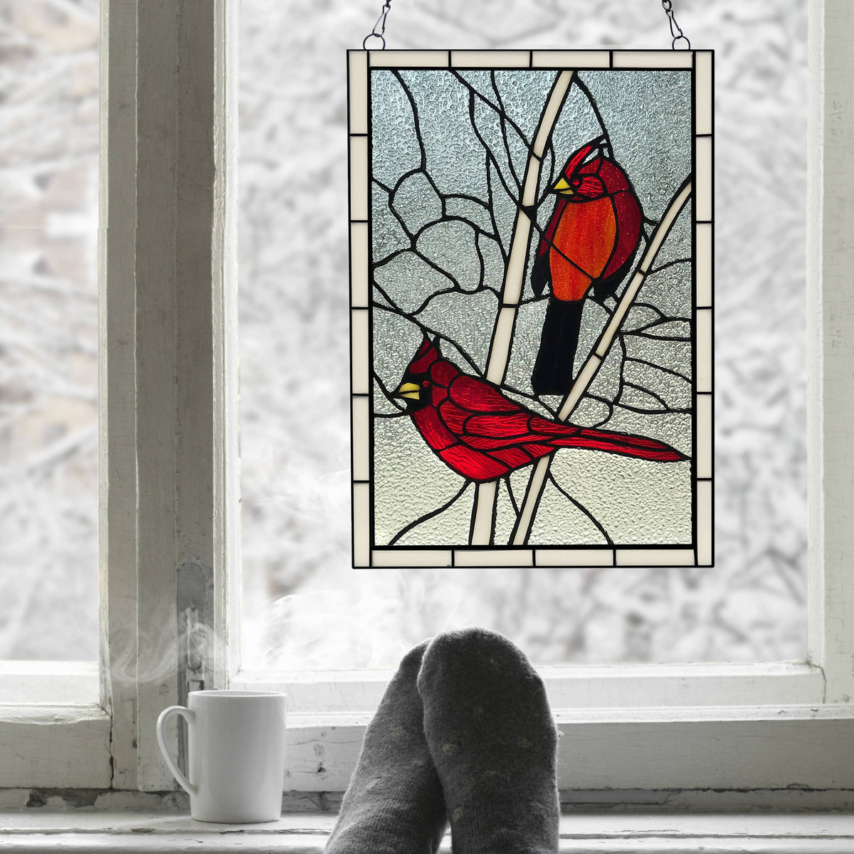 Stained Glass Annabelle Red Cardinal  Window Panel 18.5"H