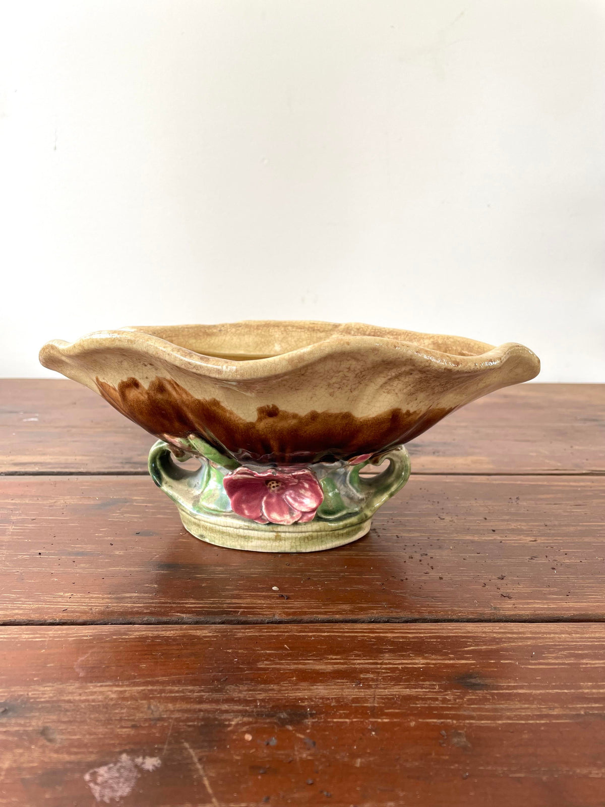 Vintage Majolica Seashell Pedestal Bowl With Flower Base