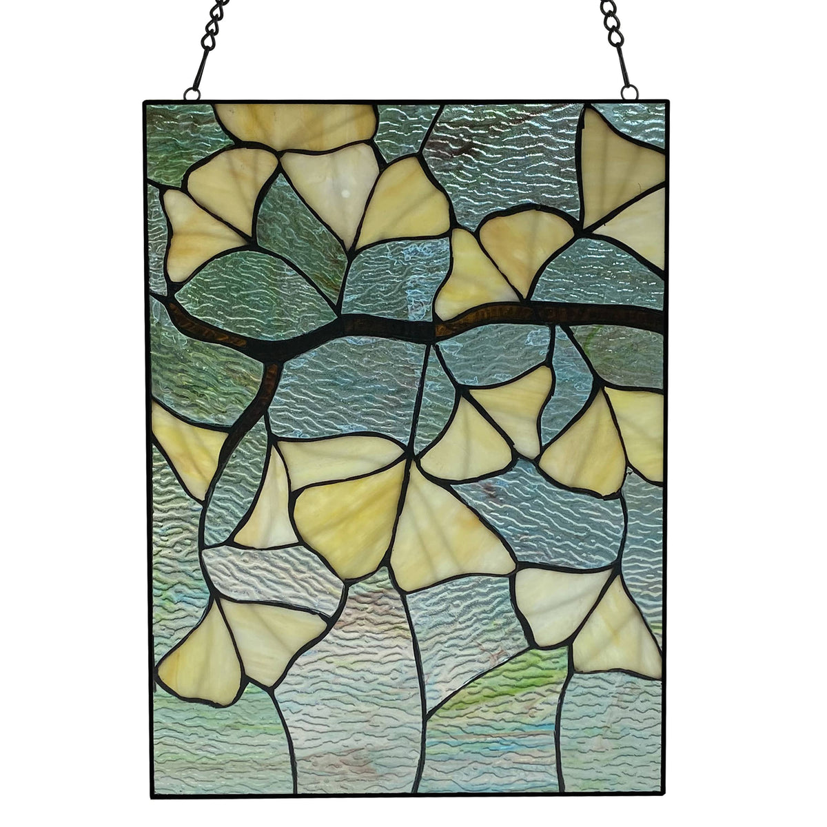 Stained Glass Robert Yellow Gingko Leaf Window Panel 17.5"H