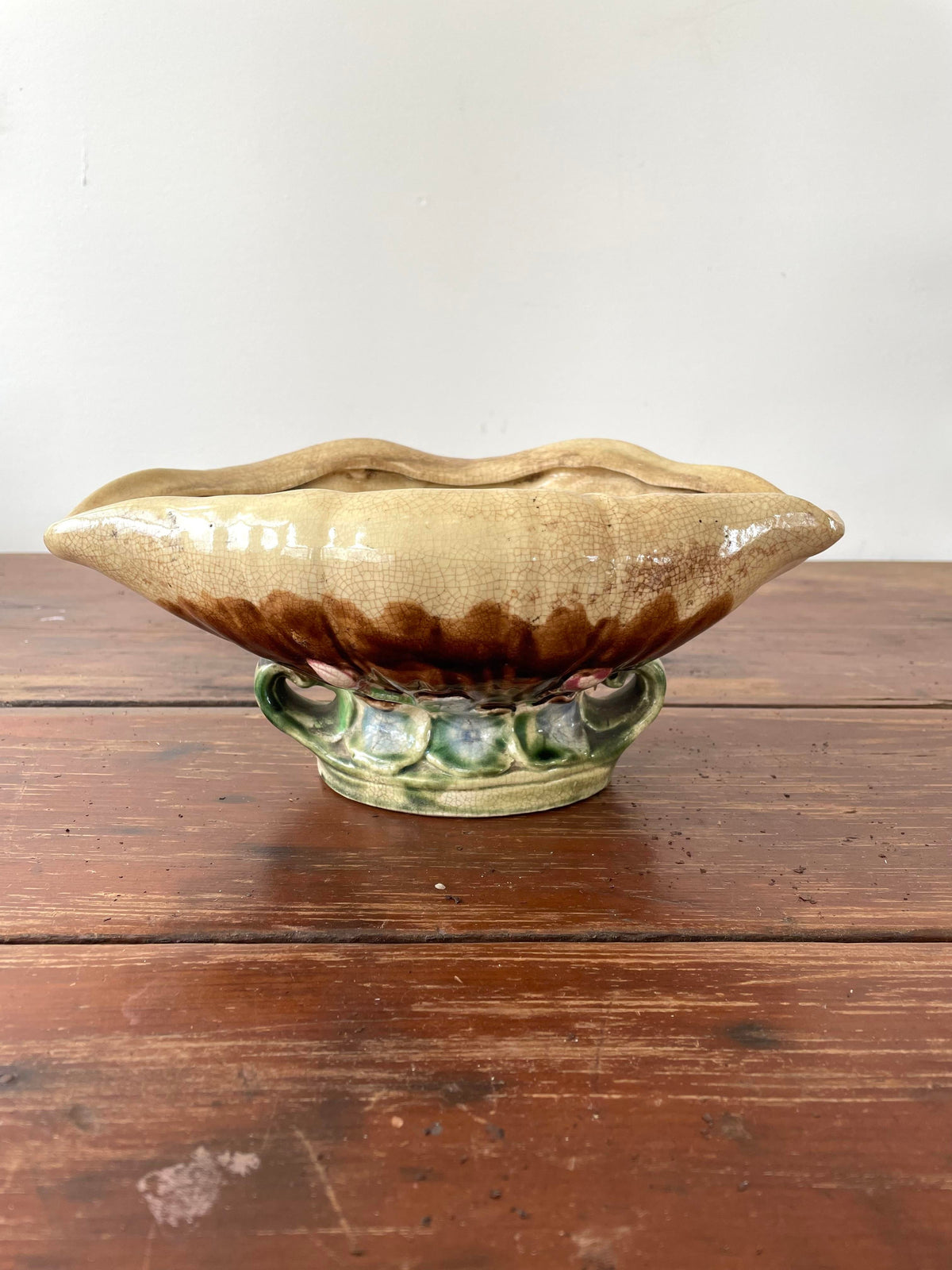 Vintage Majolica Seashell Pedestal Bowl With Flower Base