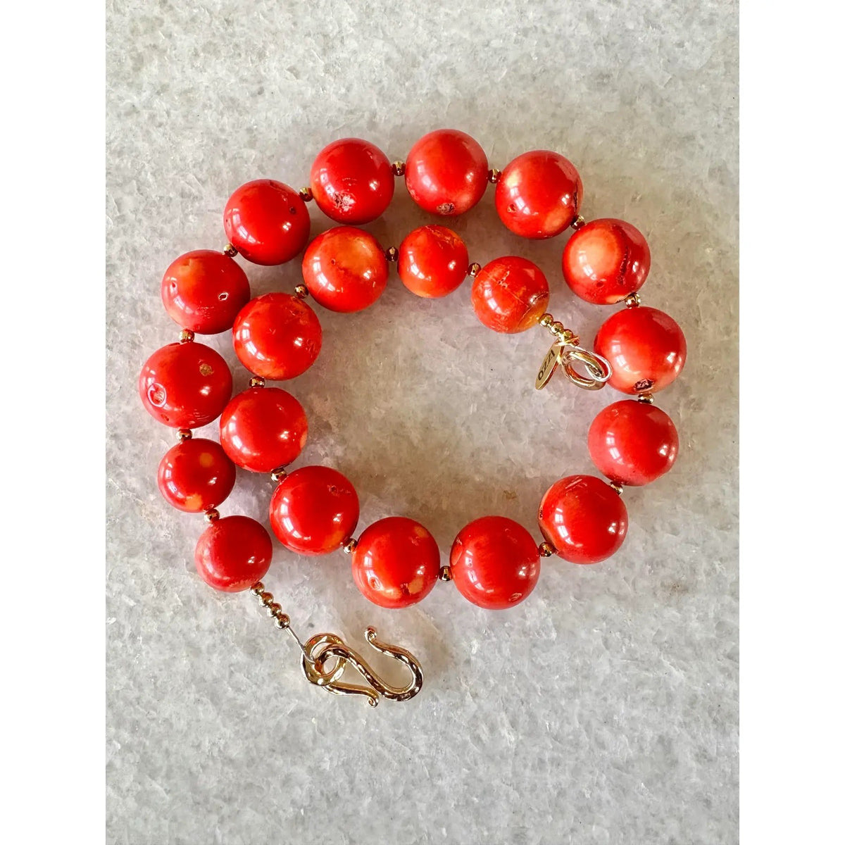 Coral Beaded Necklace With Gold Tone Spacers and Hook Clasp. 17” Designed by Matthew Izzo